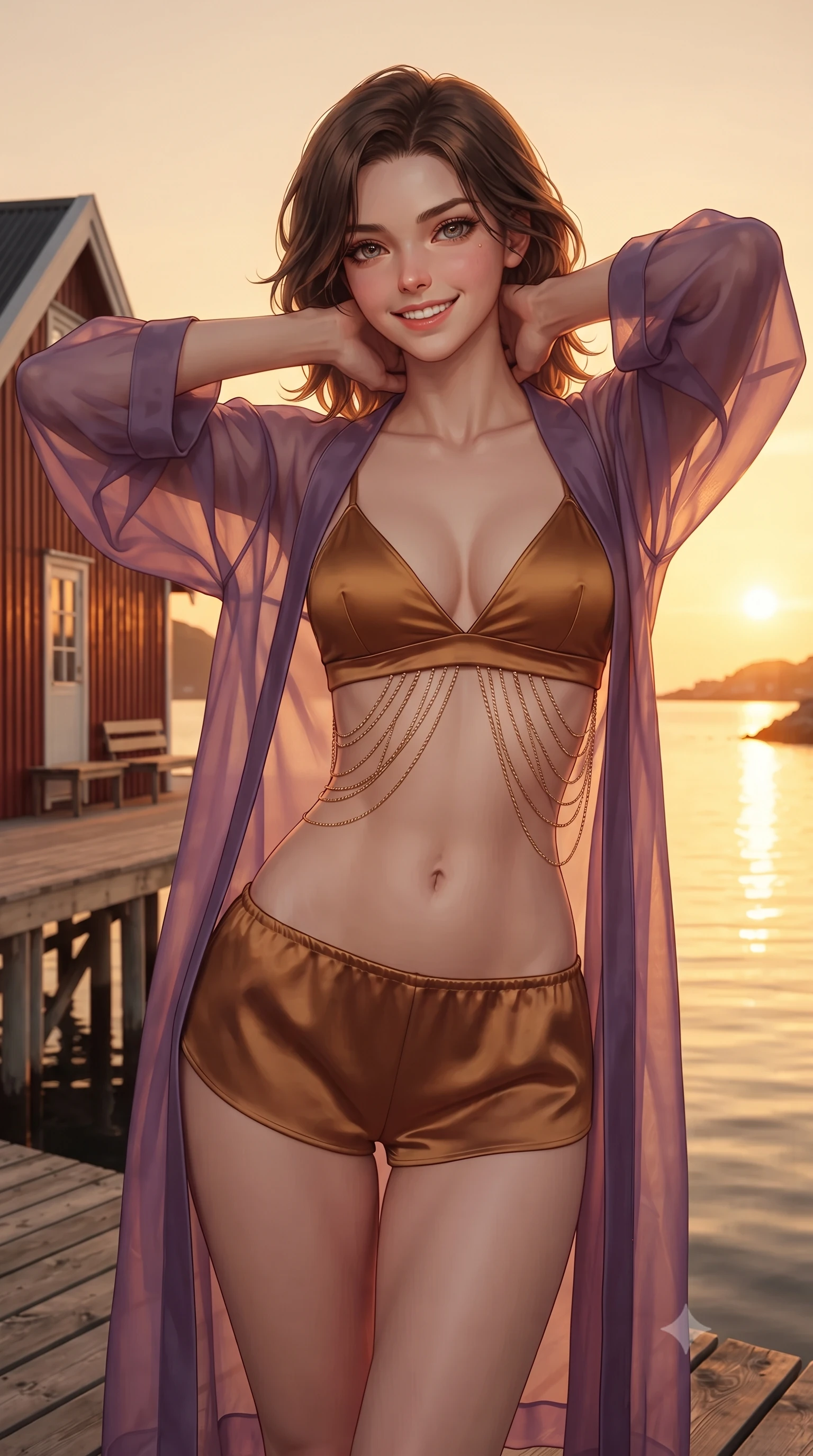 score_9, masterpiece, best quality, ultra-detailed, high-budget anime keyframe, editorial fashion photography, tasteful artistic composition, Korean woman. close-up cowboy shot from the waist and thighs up, the character dominates the composition, filling the frame with her large presence. resting both hands lightly behind her neck with elbows raised, arching her spine to highlight her narrow waist, flat midriff, and breathtaking collarbones while standing poised on the weathered pine deck of the modern luxury Rorbu cabin perched on stilts over Reinefjorden, arching her spine with siren grace as the golden midnight sun bathes the peaks in amber. The surrounding environment is rendered in vivid detail and crisp panoramic clarity: sharp pine deck wood grain, traditional vermilion rorbu timber paint texture, and crystal-clear Arctic water reflections in deep focus. She has an exceptionally elegant, slender, and willowy female figure with an ultra-slim waist, flat toned midriff, narrow ribcage, and sculpted feminine hips creating an alluring, slim hourglass silhouette without bulk. sharp v-shaped jawline, high-bridge nose, intricate jewel-like sparkling eyes with depth, thick eyelashes, glossy parted lips with a natural peach sheen, bright cheerful beaming smile with an enchanting and coquettish sensual glint, exuding both youthful cute charm and seductive allure, flawlessly proportioned anatomical accuracy, strict slender model proportions, natural body alignment, perfectly sculpted long slender limbs, ultra-slim waistline, clean dynamic posture without body distortion. wearing a sheer silk organza modern caftan robe worn loose and slipping off bare shoulders over a matching satin bralette and micro-shorts in Scottish Highlands heather thistle purple and antique hearth ember gold, crafted from bespoke double-faced cashmere with an exceptionally soft tactile finish, accented with an open-back drape framed by falling strands of delicate gold chains, the form-contouring silhouette accentuating her sculpted flat midriff, narrow delicate ribcage, and gracefully curvy hips with intoxicating allure. bathed in the surreal perpetual 3000K golden amber warmth of the Arctic midnight sun hanging low on the horizon. ultra-reflective glossy finish, specular highlights, rich textural contrasts, high-contrast stereoscopic depth, volumetric dynamic lighting, 2k, ultra detail, master piece, 9:16 ratio