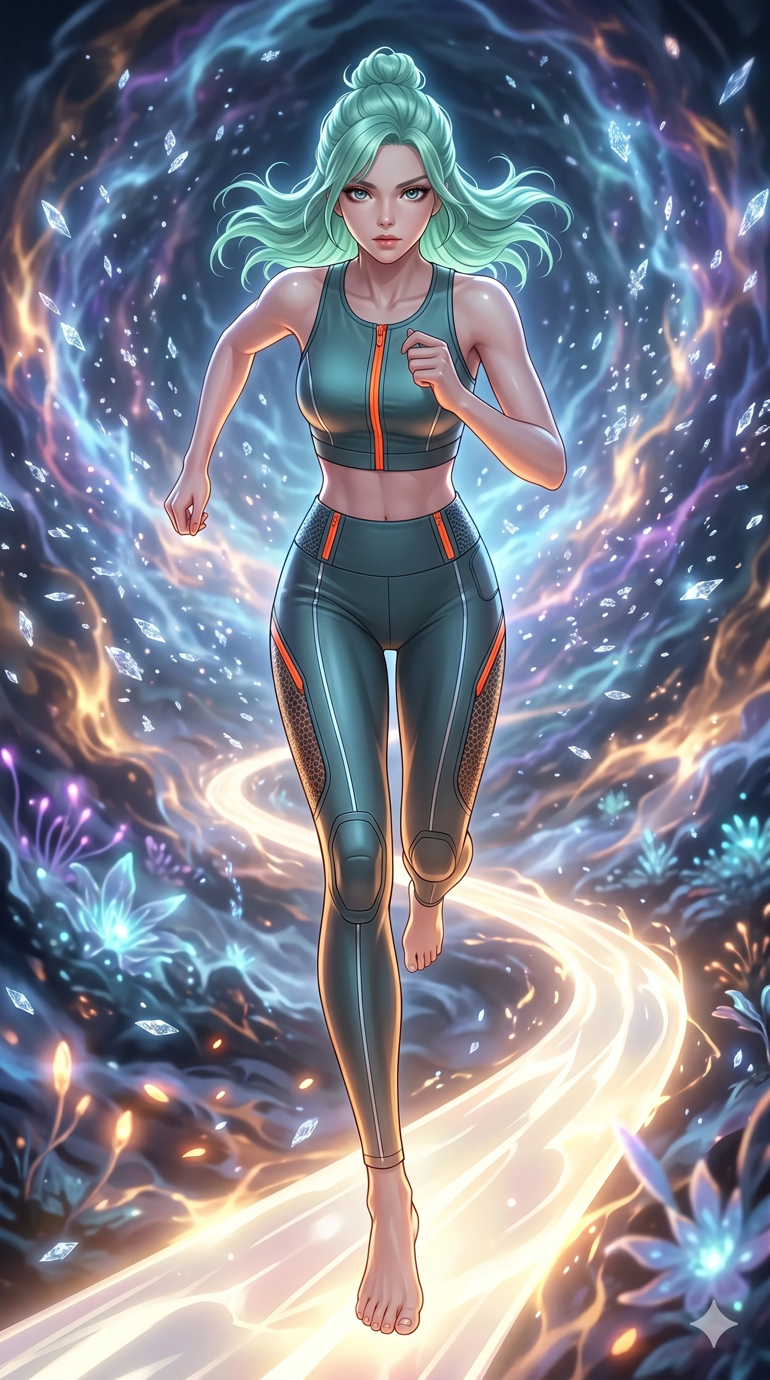 score_9, masterpiece, best quality, ultra-detailed, high-budget anime keyframe, editorial fashion photography, tasteful artistic composition, Japanese woman. low angle full-body shot from head to toe showing her feet, filling the entire 9:16 vertical frame with her statuesque presence, stretching her vertical silhouette. sprinting along on a platform of pure light suspended inside a glowing plasma storm while delicate glowing ice crystals scatter in a glittering vortex. She has an absolutely perfect 8-heads proportion, an exceptionally tall and slender female figure with impossibly long slender legs and an ultra-slim waist. V-shaped jawline, high-bridge nose, intricate jewel-like eyes with depth, thick eyelashes, glossy lips with a natural sheen.. wearing a body-conforming neoprene cyber-athleisure set, featuring a tight crop top and leggings with fluorescent orange zipper accents and side slash panels. enhanced by the soft inner light of bioluminescent flora and neon embers in the background. 2k, ultra detail, master piece, 9:16 ratio