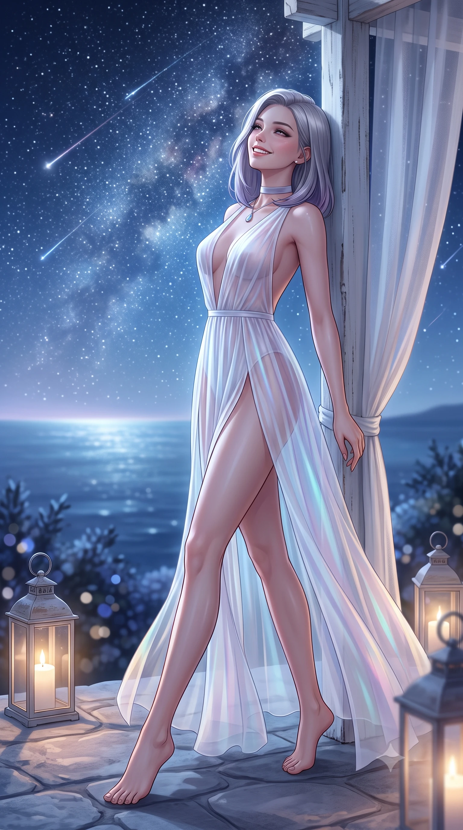 score_9, masterpiece, best quality, ultra-detailed, high-budget anime keyframe, semi-realistic 3D game render, editorial fashion photography, tasteful artistic composition, Caucasian woman. low angle full-body shot from head to toe showing her feet, filling the entire 9:16 vertical frame with her statuesque presence, stretching her vertical silhouette. stepping forward in a confident stride, her long slender legs and curvaceous hips creating a dynamic, sweeping vertical line while leaning against the whitewashed canopy post with hips cocked back, looking into the vast starry sky with heavy-lidded bedroom-eyes. The background shows a soft-focus vast panorama of the open Mediterranean Sea stretching to the horizon, shooting stars streaking across dense Milky Way starfields, and cliff edge shrubs blurred into indigo, diamond, and cream bokeh. She has an exceptionally tall and slender model-like 8.5-heads proportion, an ultra-slim waist, a flat toned midriff, narrow delicate ribcage, and beautifully sculpted feminine hips creating a graceful, slim hourglass silhouette without any bulky heaviness, with impossibly long slender legs. sharp v-shaped jawline, high-bridge nose, intricate jewel-like sparkling eyes with depth, thick eyelashes, glossy parted lips with a natural peach sheen, bright cheerful beaming smile with an enchanting and coquettish sensual glint, exuding both youthful cute charm and seductive allure, flawlessly proportioned anatomical accuracy, strict slender model proportions, natural body alignment, perfectly sculpted long slender limbs, ultra-slim waistline, clean dynamic posture without body distortion. wearing a backless sheer chiffon peignoir gown with deep side slits clinging softly to her dewy skin in pure translucent crystal white and iridescent opal, made of sheer gossamer chiffon that drapes softly against skin with airy translucence, finished with a thin velvet ribbon choker and a single teardrop diamond pendant, the liquid-tight tailored fabric clinging flawlessly to her narrow waist and rounded feminine hips, emphasizing every millimeter of her sculpted slim hourglass curves without any bulky heaviness. bathed in the brilliant silver starlight of the unpolluted island sky mixed with oversized hurricane candle lanterns. highly saturated vibrant anime colors, detailed shading with soft gradients, rich glossy textures, high-contrast stereoscopic depth, volumetric dynamic lighting, master piece, 9:16 ratio