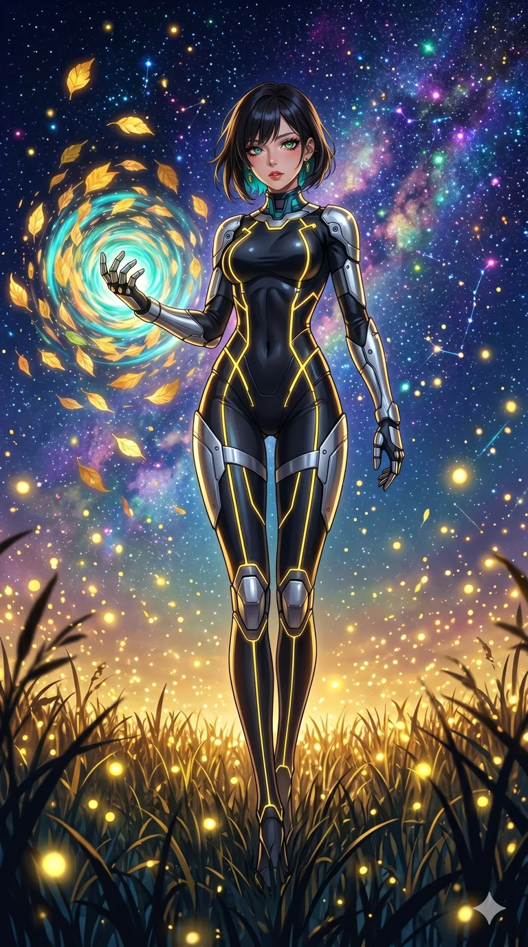 score_9, masterpiece, best quality, ultra-detailed, High-budget Anime Keyframe, beautiful Korean anime girl. Low angle cowboy shot filling the entire 9:16 frame with her statuesque presence. Walking through a field of tall grass that glows with thousands of golden fireflies at night. She has an absolutely perfect 8-heads proportion, an exceptionally tall and slender female figure with impossibly long slender legs and an ultra-slim waist. Sharp v-shaped jawline, high-bridge nose, intricate jewel-like eyes with depth, thick eyelashes, glossy lips with a natural sheen. Wearing a Tech-Fantasy outfit: black cybernetic bodysuit with glowing yellow seams and metallic silver plating. Background is a bright and colorful night meadow with a vibrant starry sky and golden light particles. 2k, ultra detail, master piece, 9:16 ratio