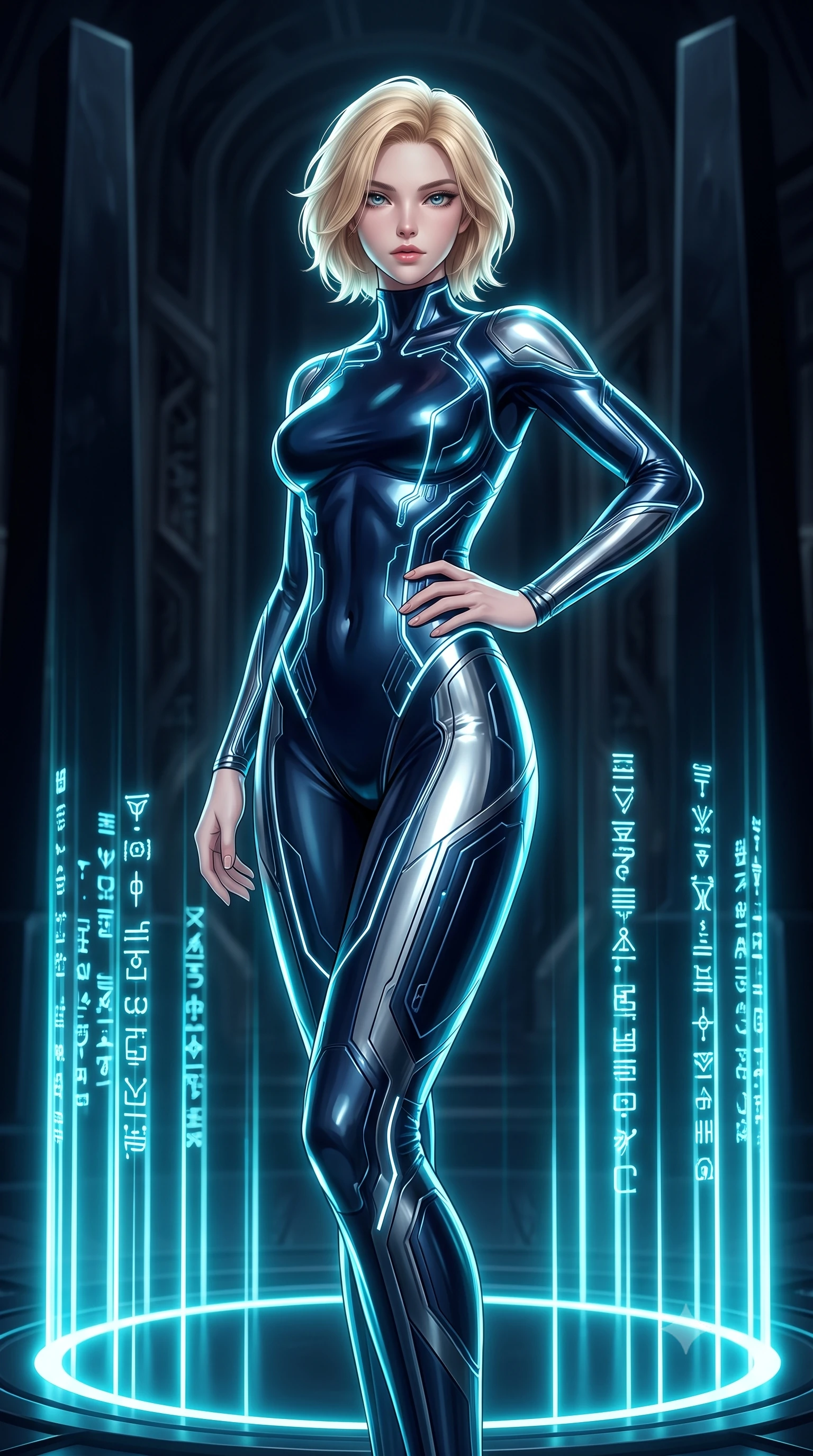 score_9, masterpiece, best quality, ultra-detailed, high-budget anime keyframe, editorial fashion photography, tasteful artistic composition, Caucasian woman. close-up cowboy shot from the waist and thighs up, the character dominates the composition, filling the frame with her large presence. twisting her upper body in a dynamic S-curve with commanding allure, one hand resting on her slender waist with haughty grace while pausing at the center of a circular laser nexus as vertical light pillars project glowing cybernetic glyphs around her. The composition keeps background elements in soft focus with creamy bokeh. towering obsidian monoliths and dark architectural recesses softened in moody shallow focus. She has an exceptionally elegant, slender, and willowy female figure with an ultra-slim waist, a gracefully sculpted slender torso, toned flat midriff, and a refined slim silhouette. sharp v-shaped jawline, high-bridge nose, intricate jewel-like eyes with depth, thick eyelashes, glossy lips with a natural sheen, flawlessly proportioned anatomical accuracy, strict slender model proportions, natural body alignment, perfectly sculpted long slender limbs, ultra-slim waistline, clean dynamic posture without body distortion. wearing an aerodynamic sculpted liquid-chrome bodysuit with glowing neon fiber-optic circuitry and an elegant high-fashion cut in deep midnight navy blue and pure starlight chrome, made of liquid jersey fabric that clings flawlessly to every contour of her build, accented with glowing fiber-optic seams tracing her collarbones and hip curves, the form-contouring material adhering flawlessly to her sculpted flat midriff and slender torso, emphasizing her long leg lines and perfectly proportioned willowy build. bathed in intense high-contrast cyan laser rim lighting and deep obsidian shadow fill. ultra-reflective glossy finish, specular highlights, dark metallic sheen, high-contrast stereoscopic depth, volumetric dynamic lighting, 2k, ultra detail, master piece, 9:16 ratio
