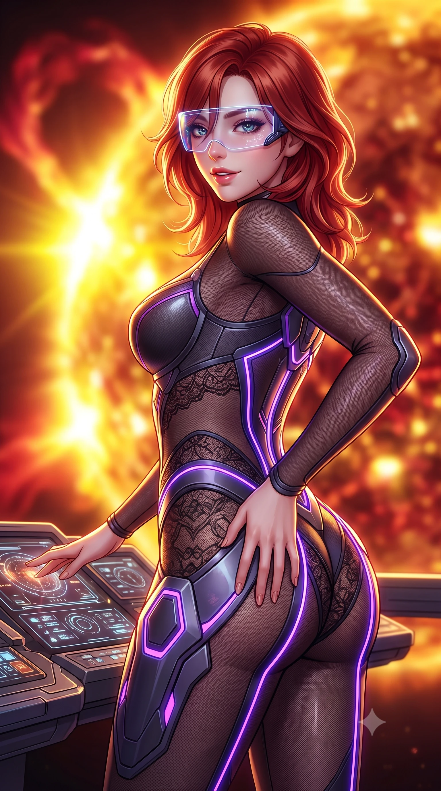score_9, masterpiece, best quality, ultra-detailed, high-budget anime keyframe, semi-realistic 3D game render, editorial fashion photography, tasteful artistic composition, Korean woman. close-up cowboy shot from the waist and thighs up, the character dominates the composition, filling the frame with her large presence. twisting her slender torso in an alluring contrapposto stance, one hand resting on her sculpted hip armor while glancing back with effortless sovereign poise while standing poised between flight consoles with hips cocked back, looking into the lens with fearless bedroom-eyes through a holographic HUD visor. The background shows a soft-focus the colossal solar corona eruption and dazzling solar prominence arcs blurred into blinding gold, carmine, and copper bokeh. She has an exceptionally elegant, slender, and willowy female figure with an ultra-slim waist, flat toned midriff, narrow ribcage, and sculpted feminine hips creating an alluring, slim hourglass silhouette without bulk. sharp v-shaped jawline, high-bridge nose, intricate jewel-like sparkling eyes with depth, thick eyelashes, glossy parted lips with a natural sheen, bright confident smile with an enchanting and coquettish sensual glint, exuding both youthful magnetic charm and sovereign high-tech allure, flawlessly proportioned anatomical accuracy, strict slender model proportions, natural body alignment, perfectly sculpted long slender limbs, ultra-slim waistline, clean dynamic posture without body distortion. wearing a form-contouring semi-opaque dark mesh catsuit with carbon-plated cups and fine lace-pattern panels across her torso in neon electric violet and deep space obsidian, made of high-grade ballistic nylon with precision laser-cut perforations, accented with glowing neon fiber-optic piping tracing her spine and hip lines, the aerodynamic second-skin silhouette tightly following the natural contour of her hips and long slender legs with youthful 8.5-heads elegance. bathed in intense yellow and crimson light flares from the erupting sun casting dynamic reflections. highly saturated vibrant anime colors, detailed shading with soft gradients, rich glossy textures, high-contrast stereoscopic depth, volumetric dynamic lighting, master piece, 9:16 ratio