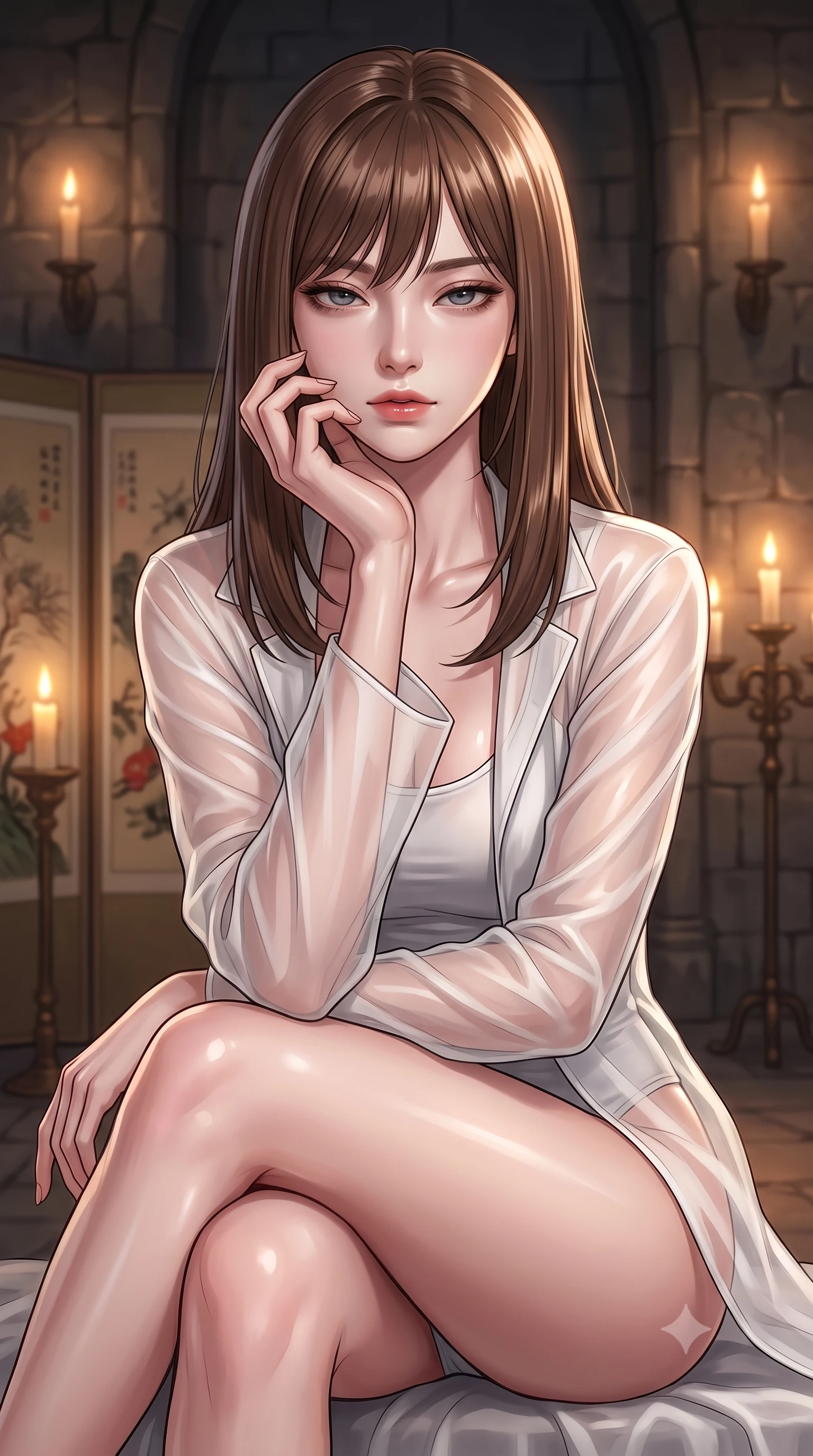 score_9, masterpiece, best quality, ultra-detailed, high-budget anime keyframe, editorial fashion photography, tasteful artistic composition, Korean woman. close-up cowboy shot from the waist and thighs up, the character dominates the composition, filling the frame with her large presence, background elements kept in soft focus. resting her chin on the backs of her fingers, casting a heavy-lidded, sultry look past the camera the background shows a soft-focus an old castle chamber with decorative screen paintings and candle stands. She has an exceptionally elegant, slender, and willowy female figure with an ultra-slim waist, a gracefully sculpted slender torso, and a refined silhouette. sharp v-shaped jawline, high-bridge nose, intricate jewel-like eyes with depth, thick eyelashes, glossy lips with a natural sheen. wearing a tailored sheer white organza resort cover-up worn over a form-fitting one-piece swimsuit, showing her elegant clavicle lines. warm flickering candle lights casting dramatic shadows on the stone walls. ultra-reflective glossy finish, specular highlights, metallic sheen, high-contrast stereoscopic depth, volumetric dynamic lighting, 2k, ultra detail, master piece, 9:16 ratio
