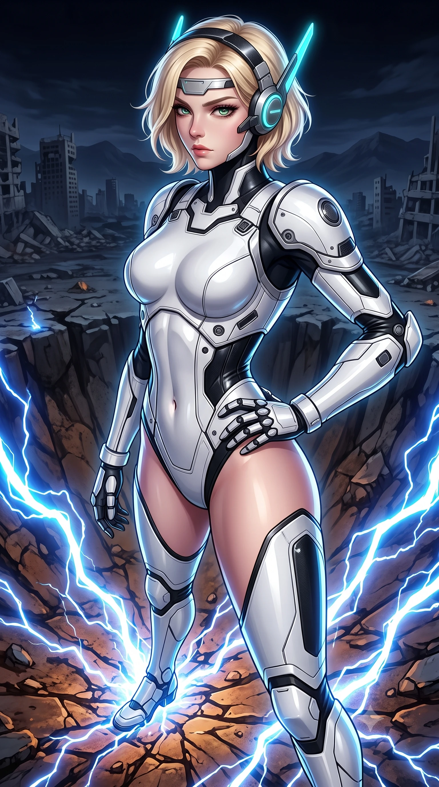 score_9, masterpiece, best quality, ultra-detailed, high-budget anime keyframe, semi-realistic 3D game render, editorial fashion photography, tasteful artistic composition, Caucasian woman. close-up cowboy shot from the waist and thighs up, the character dominates the composition, filling the frame with her large presence. resting one armored hand on her hip while glancing over her shoulder with thick eyelashes and an indomitable, smoldering combat gaze while landing gracefully in the crater of a massive electromagnetic EMP blast as dying blue lightning arcs ground through her boots. The surrounding environment is rendered in vivid detail and crisp panoramic clarity. transcendent chiaroscuro contrast between blinding electrical arc flashes and pitch-black nocturnal shadows in precision. She has an exceptionally elegant, slender, and willowy female figure with an ultra-slim waist, a gracefully sculpted slender torso, toned flat midriff, and a refined slim silhouette. sharp v-shaped jawline, high-bridge nose, intricate jewel-like eyes with depth, thick eyelashes, glossy lips with a natural sheen, fierce and resolute heroine expression, flawlessly proportioned anatomical accuracy, strict slender model proportions, natural body alignment, perfectly sculpted long slender limbs, ultra-slim waistline, clean dynamic posture without body distortion. wearing a lightweight carbon-fiber tactical sensory headpiece with glowing cyan ear-antennae and an ultra-thin forehead HUD brow-band, paired with a statuesque high-fashion cyber-warrior armor suit with platinum bevels, heavy articulated shoulder guards, and an ultra-slim waist-cinching corset in monochrome white enamel carbon with high-contrast black tactical panels, formed from high-gloss patent carbon-plating with specular dystopian chiaroscuro reflections, finished with high-mobility flexible armor articulation seams and miniature magnetic locks, the form-contouring material adhering flawlessly to her sculpted flat midriff and slender torso, emphasizing her long leg lines and perfectly proportioned willowy build. illuminated by crisp directional rim lights sharply defining her ultra-slim waist, long legs, and flat midriff. rich saturated anime colors with glowing neon highlights, detailed shading with soft gradients, rich glossy textures, high-contrast stereoscopic depth, volumetric dynamic lighting, master piece, 9:16 ratio