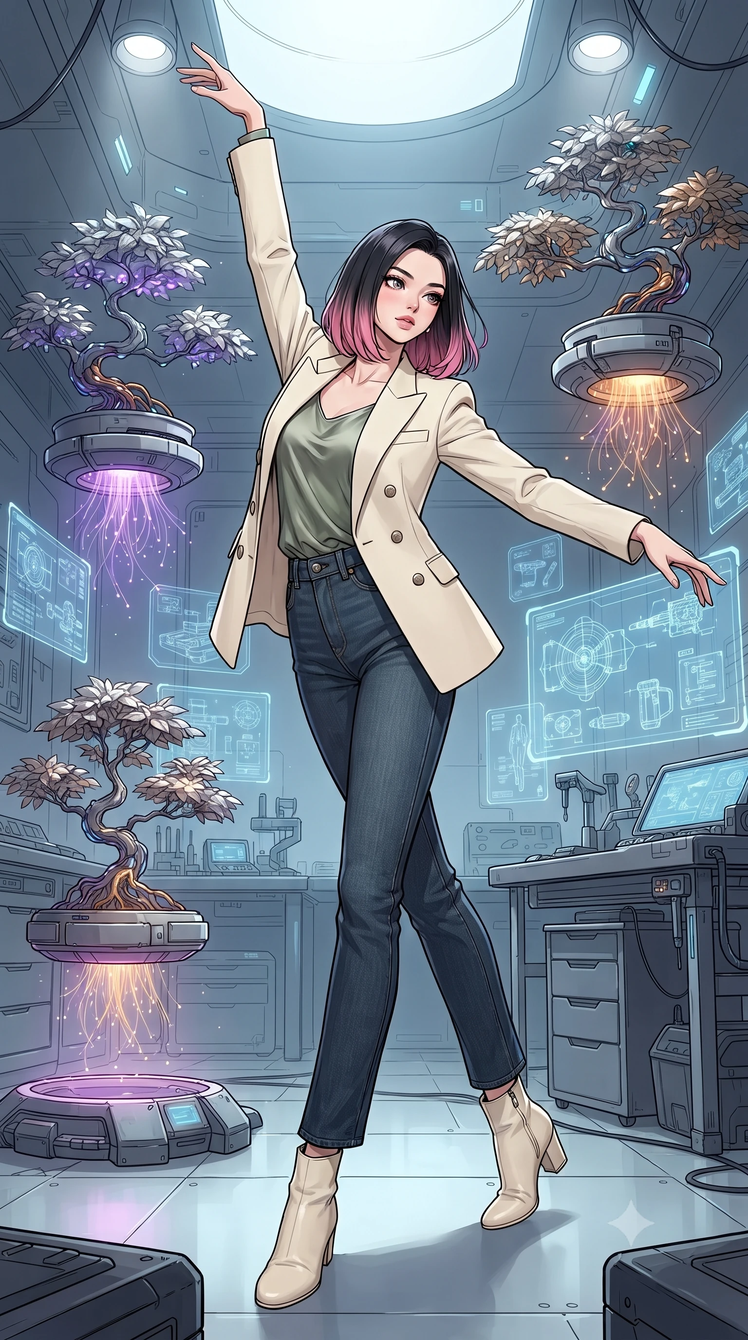 score_9, masterpiece, best quality, ultra-detailed, high-budget anime keyframe, gorgeous anime illustration, with clean line-art and distinct ink outlines, Korean woman. low angle full-body shot from head to toe showing her feet, filling the entire 9:16 vertical frame with her statuesque presence, stretching her vertical silhouette. twirling with balletic elegance inside a high-tech workshop where cybernetic bonsai trees with metallic leaves and glowing fiber-optic roots float above anti-gravity pedestals, tools and digital schematics hovering in mid-air. She has a statuesque 8.5-heads proportion, an exceptionally tall, slender and willowy model-like build with impossibly long legs and a highly sculpted ultra-slim waist. sharp v-shaped jawline, high-bridge nose, intricate jewel-like eyes with depth, thick eyelashes, glossy lips with a natural sheen. wearing a tailored cream double-breasted blazer over a sage green silk top, paired with raw dark blue denim. soft cool white work lights from above with colored glow from the fiber-optic roots (violet and amber). 2k, ultra detail, master piece, 9:16 ratio, vibrant anime color palette, detailed cel-shading with soft gradients, rich contrast, dynamic lighting, 2d animation style