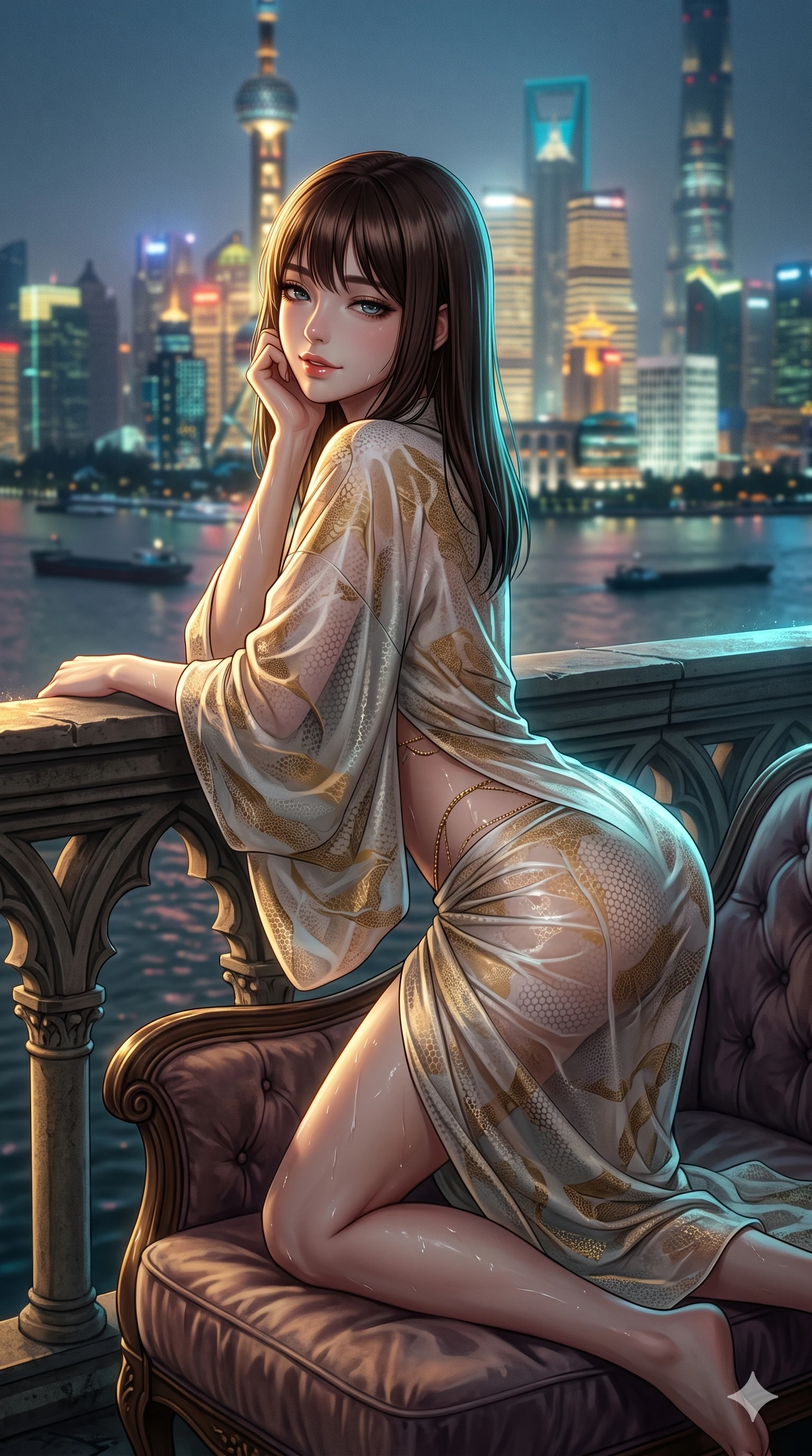 score_9, masterpiece, best quality, ultra-detailed, high-budget anime keyframe, semi-realistic 3D game render, editorial fashion photography, tasteful artistic composition, Korean woman. close-up cowboy shot from the waist and thighs up, the character dominates the composition, filling the frame with her large presence. leaning forward over the carved stone gothic balustrade, looking back with sleepy seductive bedroom-eyes as water reflections dance across her silhouette while lounging in a velvet chaise lounge propped on one elbow with legs crossed, flashing an intoxicating smile with parted glossy lips as river traffic glides past. The background shows a soft-focus distant skyscraper spires and Huangpu river mist blurred into gold, cyan, and deep indigo bokeh. She has an exceptionally elegant, slender, and willowy female figure with an ultra-slim waist, flat toned midriff, narrow ribcage, and sculpted feminine hips creating an alluring, slim hourglass silhouette without bulk. sharp v-shaped jawline, high-bridge nose, intricate jewel-like sparkling eyes with depth, thick eyelashes, glossy parted lips with a natural sheen, intensely captivating and seductive bedroom-eyes expression, exuding both youthful cute charm and sovereign luxury allure, flawlessly proportioned anatomical accuracy, strict slender model proportions, natural body alignment, perfectly sculpted long slender limbs, ultra-slim waistline, clean dynamic posture without body distortion. wearing a delicate semi-translucent silk yukata that clings to her wet skin and curvy hip contours in Istrian stone cream and antique gold-leaf, made of delicate semi-sheer nanotech mesh with microscopic hexagonal weaves, accented with a dainty gold belly chain resting across her flat midriff and curving hips, the form-contouring material adhering flawlessly to her sculpted flat midriff and slender torso, emphasizing her long leg lines and perfectly proportioned willowy build. illuminated by floor reflections and sharp gold-cyan rim lights defining her razor-sharp jawline, narrow waist, and curvy hips. highly saturated vibrant anime colors, detailed shading with soft gradients, rich glossy textures, high-contrast stereoscopic depth, volumetric dynamic lighting, master piece, 9:16 ratio