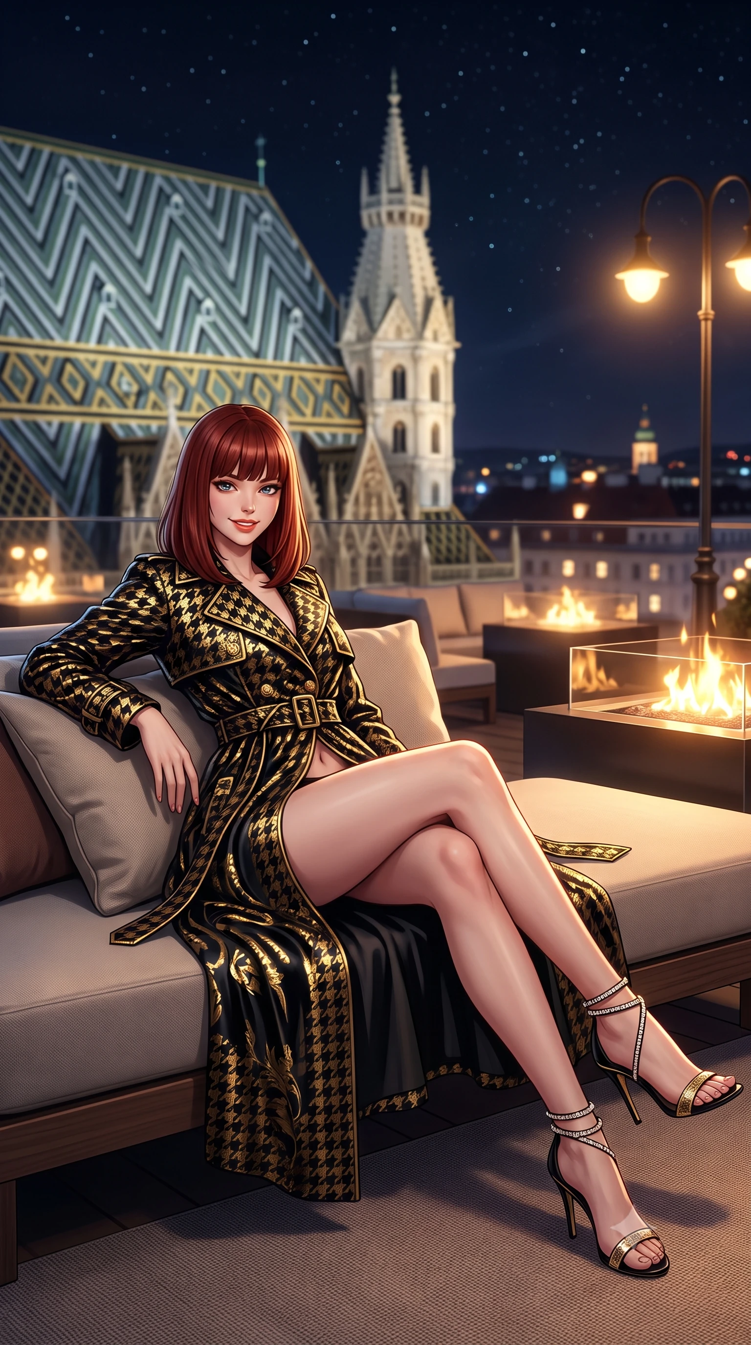 score_9, masterpiece, best quality, ultra-detailed, high-budget anime keyframe, semi-realistic 3D game render, editorial fashion photography, tasteful artistic composition, Caucasian woman. low angle full-body shot from head to toe showing her feet, filling the entire 9:16 vertical frame with her statuesque presence, stretching her vertical silhouette. lounging on the lavish daybed with legs crossed and hips angled toward the camera, displaying her toned midriff and long slender limbs with effortless siren poise while lounging in the modern low-profile daybed propped on one elbow with legs extended, displaying her long slender limbs and statuesque hourglass silhouette. The background shows a soft-focus diamond-patterned glazed tile roof and illuminated spire of St. Stephen's Cathedral, historic boulevard streetlights, and starry sky blurred into topaz, sapphire, and obsidian bokeh. She has an exceptionally tall and slender model-like 8.5-heads proportion, an ultra-slim waist, a flat toned midriff, narrow delicate ribcage, and beautifully sculpted feminine hips creating a graceful, slim hourglass silhouette without any bulky heaviness, with impossibly long slender legs. sharp v-shaped jawline, high-bridge nose, intricate jewel-like sparkling eyes with depth, thick eyelashes, glossy parted lips with a natural peach sheen, bright cheerful beaming smile with an enchanting and coquettish sensual glint, exuding both youthful cute charm and seductive allure, flawlessly proportioned anatomical accuracy, strict slender model proportions, natural body alignment, perfectly sculpted long slender limbs, ultra-slim waistline, clean dynamic posture without body distortion. wearing a structured Viennese secessionist houndstooth trench coat with belted waist and storm flaps in Viennese golden secession noir and imperial 24k gold leaf, tailored from ultra-plush silk velvet with rich tactile depth and deep shadow gradients, complemented by strappy stiletto sandals with crystal ankle wraps accentuating her slender calves, the impeccably tailored cut draping gracefully along her slender figure with aristocratic poise. bathed in the contrast of warm 2200K fire table hearth glow and cool midnight sky fill with golden cathedral floodlights. highly saturated vibrant anime colors, detailed shading with soft gradients, rich glossy textures, high-contrast stereoscopic depth, volumetric dynamic lighting, master piece, 9:16 ratio