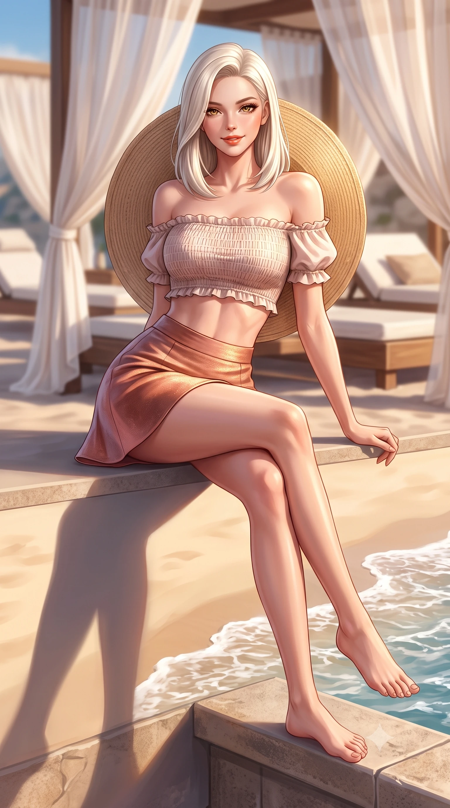 score_9, masterpiece, best quality, ultra-detailed, high-budget anime keyframe, semi-realistic 3D game render, editorial fashion photography, tasteful artistic composition, Caucasian woman. low angle full-body shot from head to toe showing her feet, filling the entire 9:16 vertical frame with her statuesque presence, stretching her vertical silhouette. sitting perched on the elevated stone edge with legs crossed and hips angled toward the camera, displaying her toned midriff and long slender limbs with joyful, coquettish charm while twisting her slender torso in an alluring S-curve as gentle Adriatic waves lap the shore, her breezy resort wear hugging her narrow waist. The composition keeps background elements in soft focus with dreamy creamy bokeh. billowing sheer white cabana drapes and luxury daybeds softened in Mediterranean beach club shallow focus. She has an exceptionally tall and slender model-like 8.5-heads proportion, an ultra-slim waist, a flat toned midriff, narrow delicate ribcage, and beautifully sculpted feminine hips creating a graceful, slim hourglass silhouette without any bulky heaviness, with impossibly long slender legs. sharp v-shaped jawline, high-bridge nose, sparkling amber-hazel eyes with depth, long lush eyelashes, glossy sun-kissed lips with a warm coral glaze, radiant teasing smile with sensual sunlit bedroom-eyes, exuding effortless old-money elegance and intoxicating sun-drenched allure, flawlessly proportioned anatomical accuracy, strict slender model proportions, natural body alignment, perfectly sculpted long slender limbs, ultra-slim waistline, clean dynamic posture without body distortion. wearing a chic off-shoulder smocked crop blouse paired with a tight high-waisted linen A-line mini skirt emphasizing her curvy hips in soft dusty rose and molten copper shimmer, made of liquid-tight stretch jersey emphasizing every curve of her body, complemented by a wide-brim straw sunhat held casually behind her back, the form-fitting cut adhering flawlessly to her sculpted flat midriff and slender torso, emphasizing her long leg lines and perfectly proportioned willowy build. bathed in warm Adriatic golden hour rays casting long dramatic shadows. highly saturated vibrant anime colors, detailed shading with soft gradients, rich glossy textures, high-contrast stereoscopic depth, volumetric dynamic lighting, master piece, 9:16 ratio