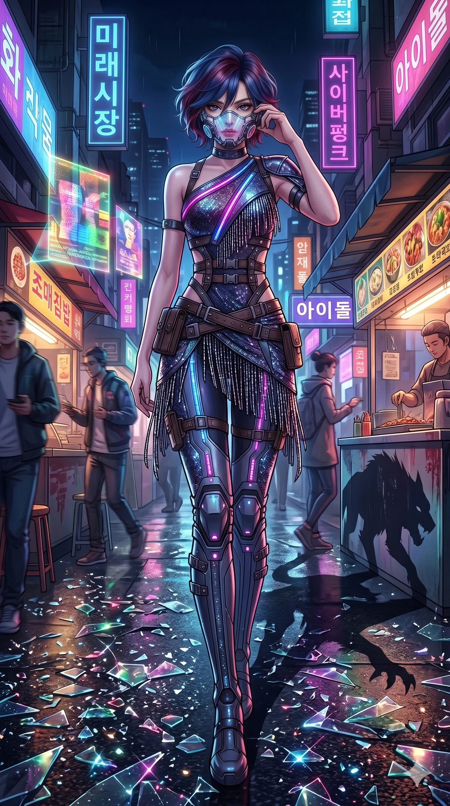 score_9, masterpiece, best quality, ultra-detailed, Set A: High-budget Anime Keyframe, Caucasian (strictly human ears) woman. Low angle cowboy shot filling the entire 9:16 frame with her statuesque presence. Adjusting a mask through a futuristic night market, while her shadow mimics the movements of a predator 175 and surrounded by shattered glass fragments. She has an absolutely perfect 8-heads proportion, an exceptionally tall and slender female figure with impossibly long slender legs and an ultra-slim waist. Sharp v-shaped jawline, high-bridge nose, intricate jewel-like eyes with depth, thick eyelashes, glossy lips with a natural sheen. Wearing Cyberpunk idol stage outfit with glittery fringes, leather straps, and glowing LED accents. Cinematic lighting, vibrant colors, dramatic shadows, 2k, ultra detail, master piece, 9:16 ratio