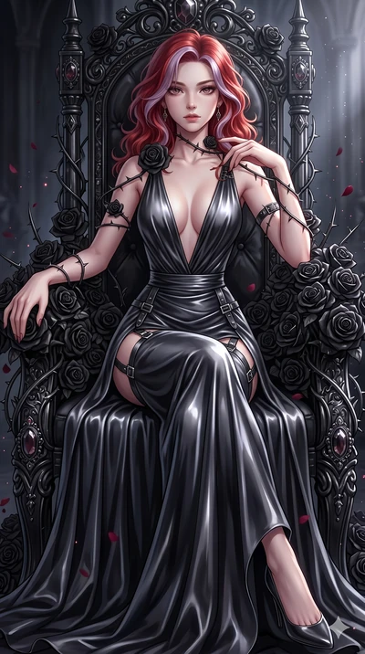 score_9, masterpiece, best quality, ultra-detailed, High-budget Anime Keyframe, East Asian woman. Dynamic full-body shot stretching the vertical silhouette to the limit. Scenario 120: Resting on a throne of black roses, thorns grazing her skin. Her p