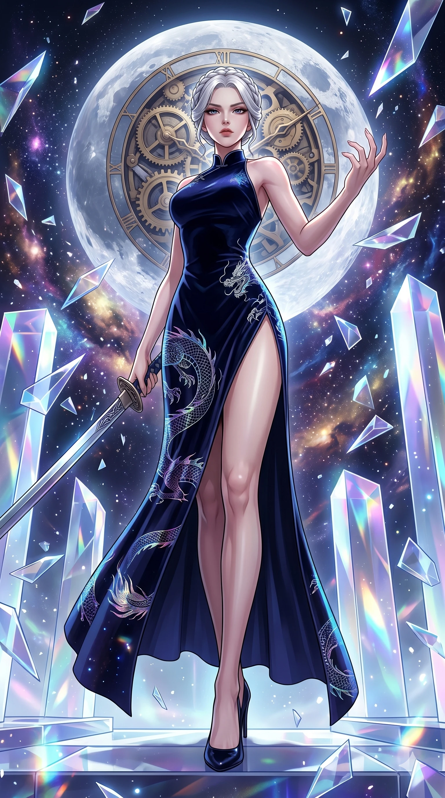 score_9, masterpiece, best quality, ultra-detailed, Set A: High-budget Anime Keyframe, Korean woman. Low angle cowboy shot filling the entire 9:16 frame with her statuesque presence. Theme: Abstract Cosmic. shattering the fabric of reality in a temple made of solid light, with a massive clockwork moon ticking behind her as sector 144. The atmosphere is filled with a swirling vortex of stars. She has an absolutely perfect 8-heads proportion, an exceptionally tall and slender female figure with impossibly long slender legs and an ultra-slim waist. Sharp v-shaped jawline, high-bridge nose, intricate jewel-like eyes with depth, glossy lips. Wearing High-slit velvet gown with integrated holographic projection of a dragon. Cinematic lighting, vivid colors, dramatic shadows, 2k, ultra detail, master piece, 9:16 ratio