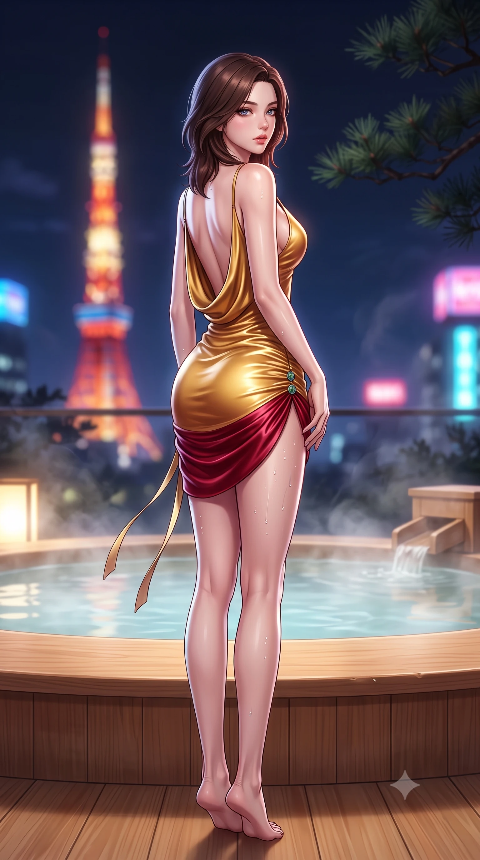 score_9, masterpiece, best quality, ultra-detailed, high-budget anime keyframe, semi-realistic 3D game render, editorial fashion photography, tasteful artistic composition, Korean woman. low angle full-body shot from head to toe showing her feet, filling the entire 9:16 vertical frame with her statuesque presence, stretching her vertical silhouette. executing an elegant mid-motion pivot turn as garments swirl around her slender limbs, glancing over her shoulder with an intoxicating bedroom-gaze while perching on the smooth hinoki wood rim of a steaming outdoor onsen, water droplets beading on her hip as she glances back with parted lips. The composition keeps background elements in soft focus with creamy bokeh. distant Tokyo Tower neon lights and dark pine branches softened in dreamy nocturnal shallow focus. She has an absolutely perfect, statuesque 8.5-heads proportion, an exceptionally tall and slender model-like female figure with impossibly long slender legs, a toned flat midriff, an ultra-slim waist, and beautifully sculpted feminine hips. sharp v-shaped jawline, high-bridge nose, intricate jewel-like eyes with depth, thick eyelashes, glossy parted lips with a natural sheen, intensely captivating and seductive bedroom-eyes expression, flawlessly proportioned anatomical accuracy, strict slender model proportions, natural body alignment, perfectly sculpted long slender limbs, ultra-slim waistline, clean dynamic posture without body distortion. wearing a form-contouring liquid satin slip dress with a deep cowl back and hip-defining ruching in imperial gold and deep crimson silk, crafted from supple second-skin lambskin leather with specular wet sheen, finished with genuine jade button closures and floating celestial silk ribbons, the glove-like aerodynamic silhouette tightly following the natural contour of her hips and long slender legs with statuesque precision. surrounded by an intimate, tranquil, and deeply sensual Japanese skylounge muse aura. highly saturated vibrant anime colors, detailed shading with soft gradients, rich glossy textures, high-contrast stereoscopic depth, volumetric dynamic lighting, master piece, 9:16 ratio