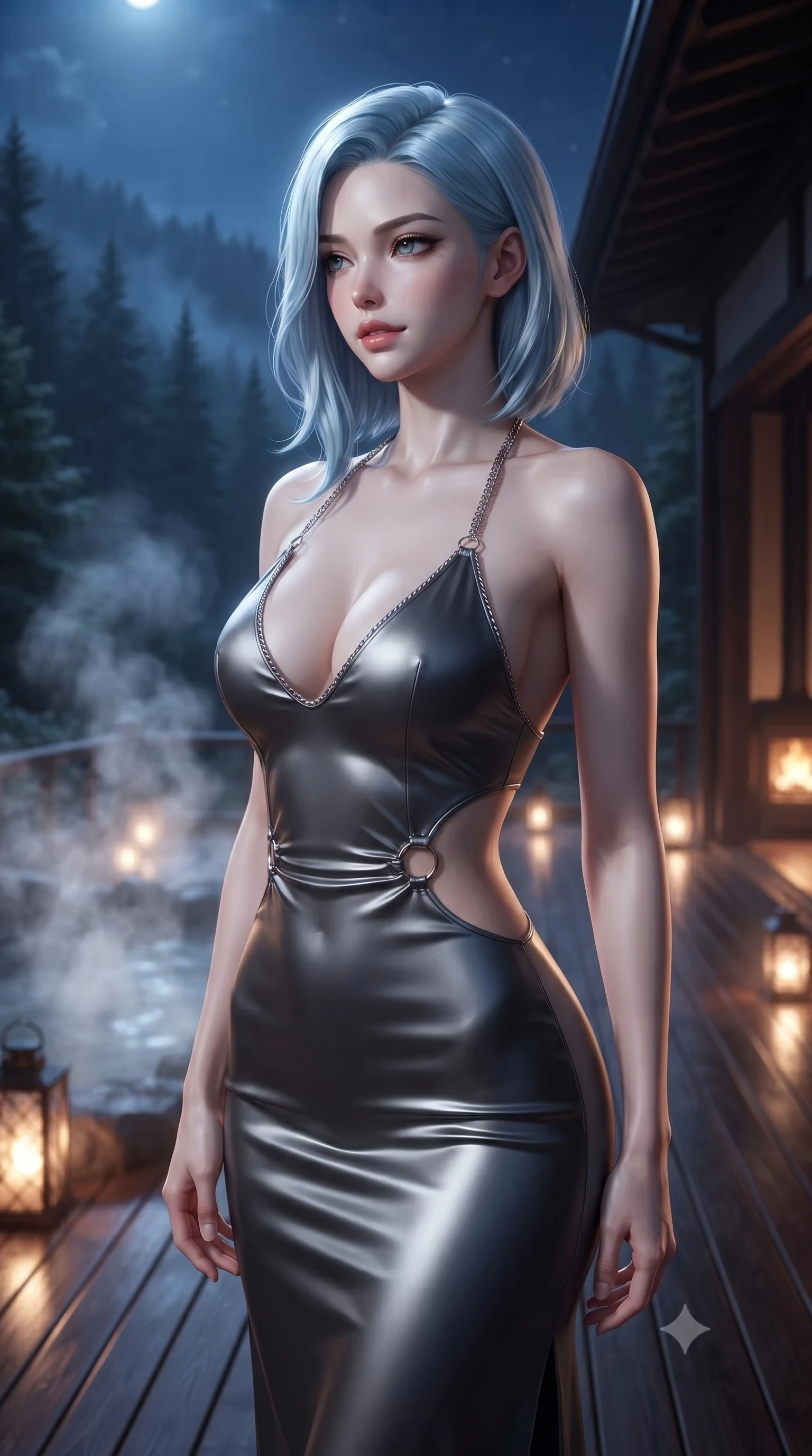 score_9, masterpiece, best quality, ultra-detailed, high-budget anime keyframe, editorial fashion photography, tasteful artistic composition, Korean woman. close-up cowboy shot from the waist and thighs up, the character dominates the composition, filling the frame with her large presence, background elements kept in soft focus. Glancing sidelong over her shoulder with a smoldering half-smile and heavy lashes poised on a polished wooden deck overlooking a serene mist-covered alpine forest, swirling thermal steam clouds scattering soft golden lantern light. She has an exceptionally elegant, slender, and willowy female figure with an ultra-slim waist, a gracefully sculpted slender torso, and a refined silhouette. sharp v-shaped jawline, high-bridge nose, intricate jewel-like eyes with depth, thick eyelashes, glossy lips with a natural sheen. wearing a deep-scoop halter bodycon dress with hip cutouts connected by silver rings in charcoal grey and platinum, crafted from smooth liquid silk, adorned with delicate metallic chain straps along the neckline, the elegant draped fit framing her graceful clavicle and slender torso. illuminated by serene silver moonlight and warm amber hearth reflections. ultra-reflective glossy finish, specular highlights, metallic sheen, high-contrast stereoscopic depth, volumetric dynamic lighting, 2k, ultra detail, master piece, 9:16 ratio