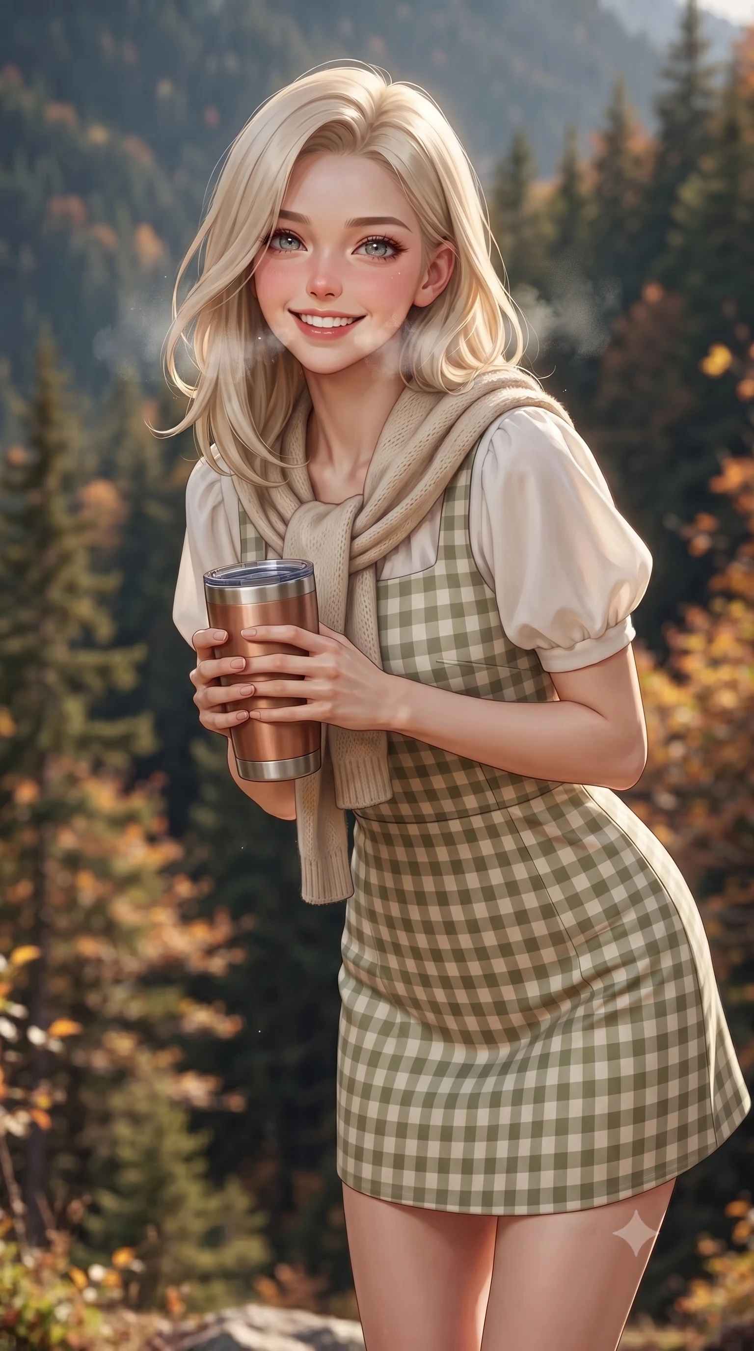 score_9, masterpiece, best quality, ultra-detailed, high-budget anime keyframe, editorial fashion photography, tasteful artistic composition, Caucasian woman. close-up cowboy shot from the waist and thighs up, the character dominates the composition, filling the frame with her large presence. radiating a joyful bright smile with sparkling jewel-like eyes and pure charming energy, leaning forward with playful grace while holding a warm insulated tumbler with both hands, soft breath misting lightly in the crisp mountain air with a sweet smile. The surrounding environment is rendered in vivid detail and crisp panoramic clarity. rich autumn chiaroscuro and breathtaking seasonal forest foliage captured with environmental precision. She has an exceptionally elegant, slender, and willowy female figure with an ultra-slim waist, a gracefully sculpted slender torso, toned flat midriff, and a refined slim silhouette. sharp v-shaped jawline, high-bridge nose, intricate jewel-like eyes with depth, thick eyelashes, glossy lips with a natural sheen, pure and lovely fresh girlhood expression, flawlessly proportioned anatomical accuracy, strict slender model proportions, natural body alignment, perfectly sculpted long slender limbs, ultra-slim waistline, clean dynamic posture without body distortion. wearing a charming pastel gingham pinafore dress layered over a soft white puff-sleeve blouse in muted olive green and ivory cotton, made of fine lightweight chiffon with a soft fluid drape, finished with a lightweight knitted scarf draped loosely around her neck, the relaxed yet flattering fit accentuating her naturally graceful and slender figure, highlighting her youthful charm and lovely silhouette. surrounded by a warm, romantic, and deeply nostalgic autumn sweetheart aura. ultra-reflective glossy finish, specular highlights, rich natural textures, high-contrast stereoscopic depth, volumetric dynamic lighting, 2k, ultra detail, master piece, 9:16 ratio