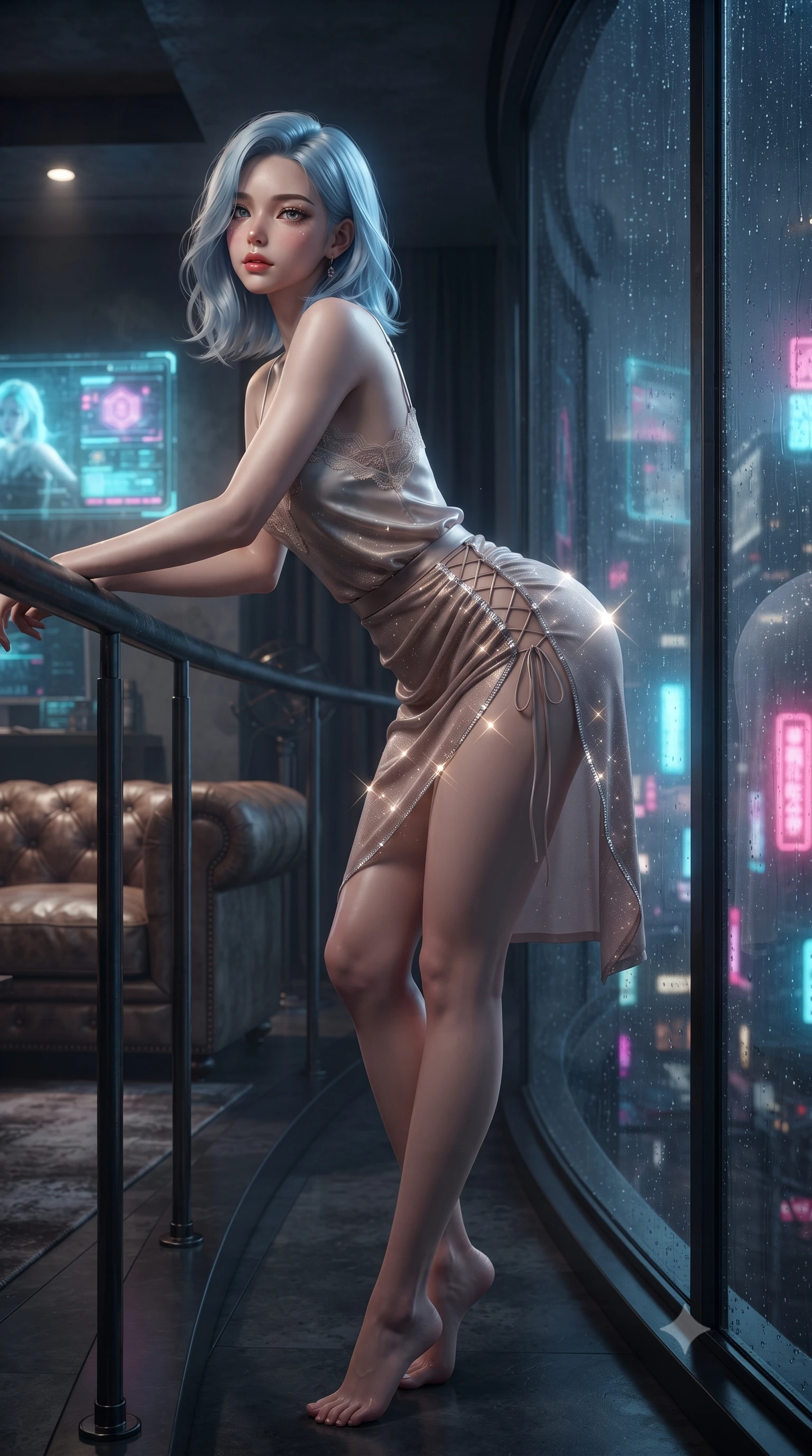 score_9, masterpiece, best quality, ultra-detailed, high-budget anime keyframe, editorial fashion photography, tasteful artistic composition, Korean woman. low angle full-body shot from head to toe showing her feet, filling the entire 9:16 vertical frame with her statuesque presence, stretching her vertical silhouette. leaning deep against the balcony balustrade with hips cocked back in an unapologetically alluring high-fashion stance, casting an intoxicating glance while leaning against the massive curving floor-to-ceiling glass window with hips cocked back, looking through night rain at the neon abyss below. The background shows a soft-focus distressed leather sofa tufting softened in moody neo-noir shallow focus. She has an absolutely perfect, statuesque 8.5-heads proportion, an exceptionally tall and slender model-like female figure with impossibly long slender legs, an ultra-slim waist, a flat toned midriff, narrow delicate ribcage, and beautifully sculpted feminine hips creating a graceful, slim hourglass silhouette without any bulky heaviness. sharp v-shaped jawline, high-bridge nose, sparkling eyes with hypnotic seductive depth, thick curled eyelashes, glossy parted lips with a natural dewy peach sheen, alluring bedroom-eyes with an enchanting coquettish smile, exuding magnetic siren charisma and sophisticated glamour, flawlessly proportioned anatomical accuracy, strict slender model proportions, natural body alignment, perfectly sculpted long slender limbs, ultra-slim waistline, clean dynamic posture without body distortion. wearing a delicate lace-trimmed silk camisole paired with a draped satin wrap sarong mini skirt with high side slit in sheer dusky champagne and glistening crystal trims, woven from stretch metallic lurex jersey casting radiant starlight glints across her silhouette, featuring fine criss-cross lace-up side ties revealing tantalizing glimpses of her hip curve, the second-skin tailored fabric adhering flawlessly to her sculpted flat midriff and slender torso, emphasizing her long leg lines and perfectly proportioned willowy build. bathed in moody chiaroscuro lighting spilling from glowing holographic displays and exterior city neon. ultra-reflective glossy finish, specular highlights, rich textural contrasts, high-contrast stereoscopic depth, volumetric dynamic lighting, 2k, ultra detail, master piece, 9:16 ratio