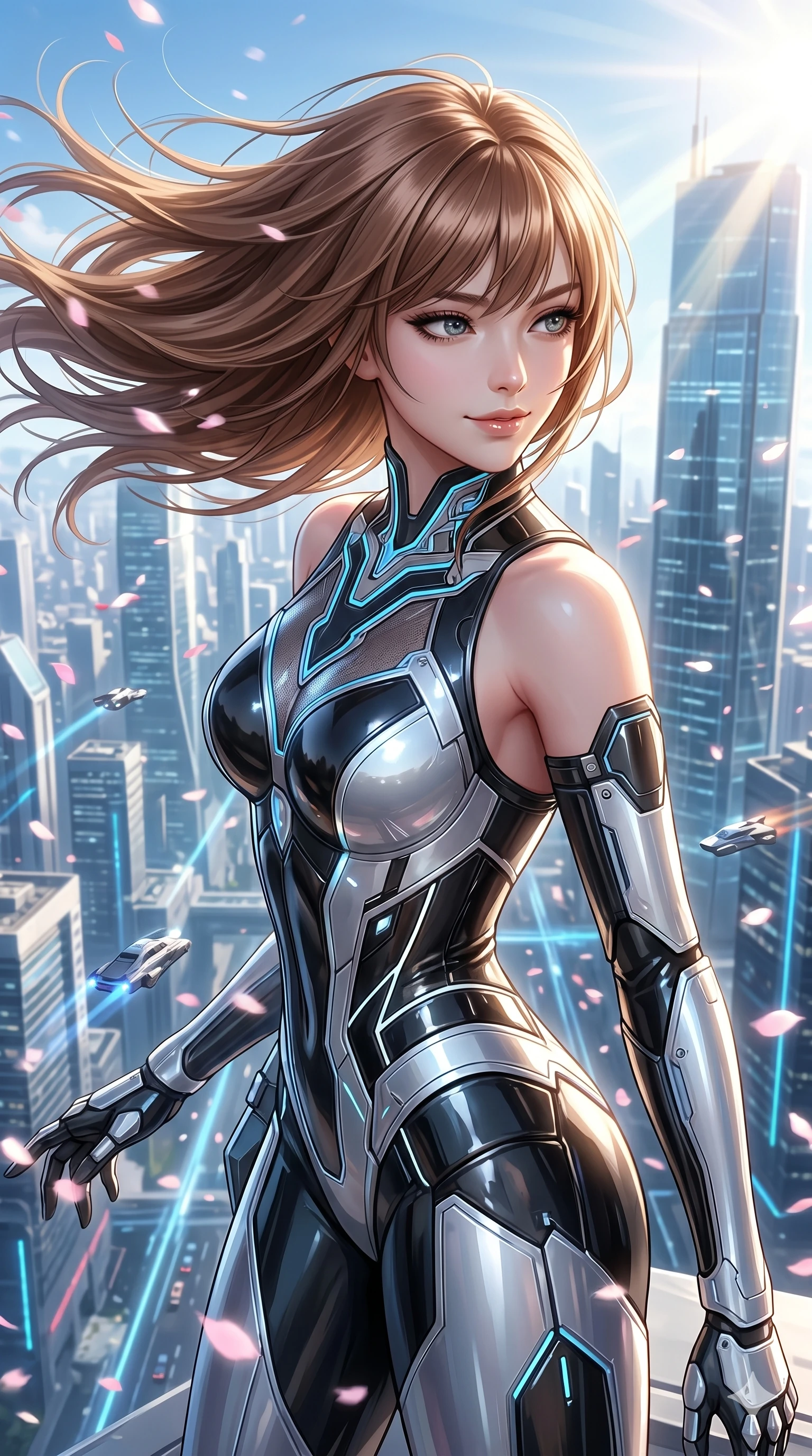 score_9, masterpiece, best quality, ultra-detailed, high-budget anime keyframe, semi-realistic 3D game render, Korean woman. Upper body close-up from the thighs up, character filling the screen for maximum presence. She is standing on the edge of a skyscraper, her hair and clothes whipping in the wind as cybernetic sakura petals blizzard around. She twists her upper body dramatically with a confident half-smile. She has an absolutely perfect 8-heads proportion, a tall and elegant figure with a refined silhouette and a defined waistline. V-shaped jawline, high-bridge nose, intricate jewel-like eyes with depth, thick eyelashes, glossy lips with a natural sheen. She is wearing a structured cybernetic bodice in glossy vinyl panels, paired with detached sleeves and a refined V-neckline detailed with glowing piping. The scene is bathed in brilliant morning sunlight and sharp sun rays reflecting off distant glass skyscrapers. 2k, ultra detail, master piece, 9:16 ratio