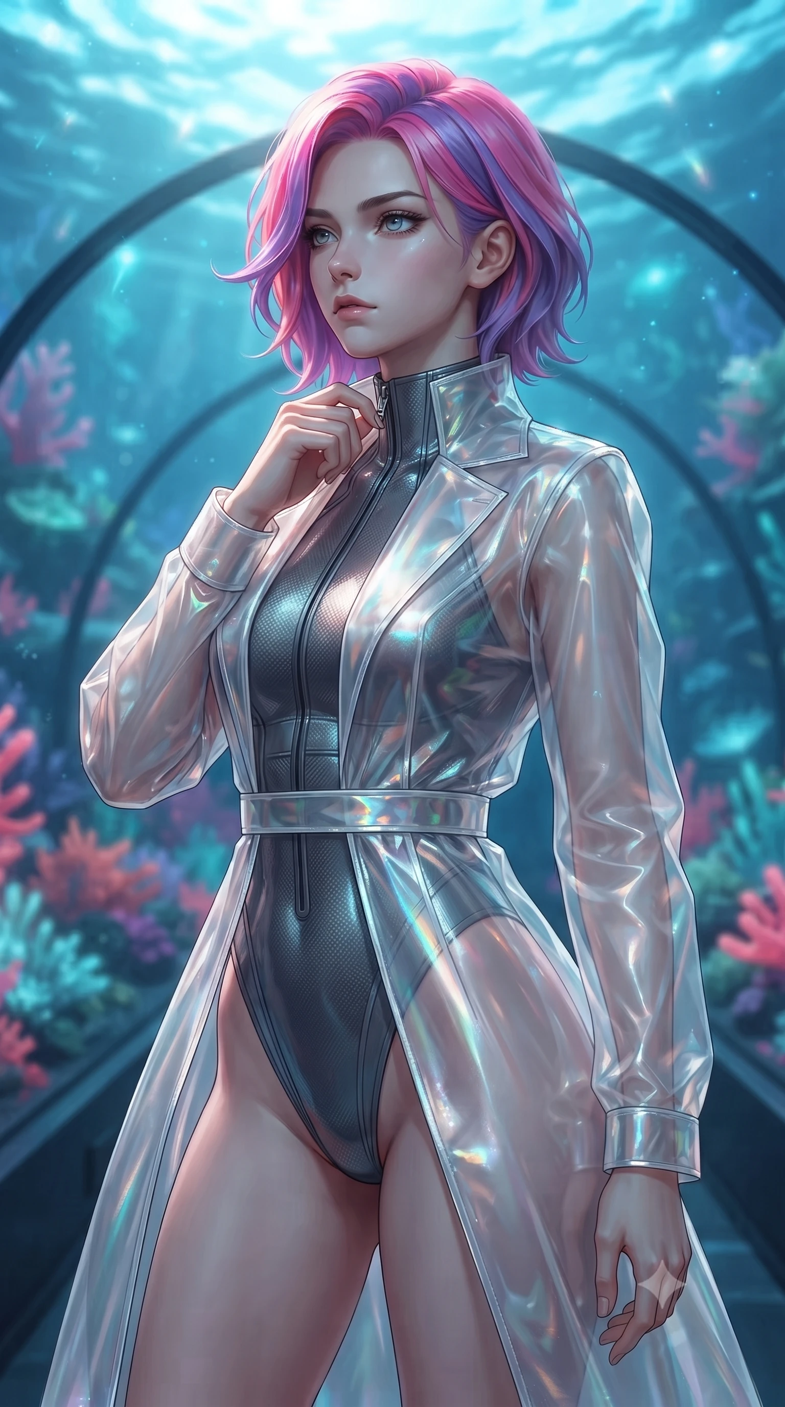 score_9, masterpiece, best quality, ultra-detailed, high-budget anime keyframe, editorial fashion photography, tasteful artistic composition, Caucasian woman. close-up cowboy shot from the waist and thighs up, the character dominates the composition, filling the frame with her large presence, background elements kept in soft focus. adjusting the high collar of her body-hugging suit, looking past the camera with quiet, sharp focus and a composed expression, the background shows a soft-focus a sub-oceanic glass tunnel overlooking a sea of synthetic neon coral. She has an exceptionally elegant, slender, and willowy female figure with an ultra-slim waist, a gracefully sculpted slender torso, and a refined silhouette. sharp v-shaped jawline, high-bridge nose, intricate jewel-like eyes with depth, thick eyelashes, glossy lips with a natural sheen. wearing a tailored sheer white holographic organza combat gown worn over a high-cut carbon-fiber leotard. shifting aqua-blue starlight refracting through waves onto her profile. ultra-reflective glossy finish, specular highlights, metallic sheen, high-contrast stereoscopic depth, volumetric dynamic lighting, 2k, ultra detail, master piece, 9:16 ratio