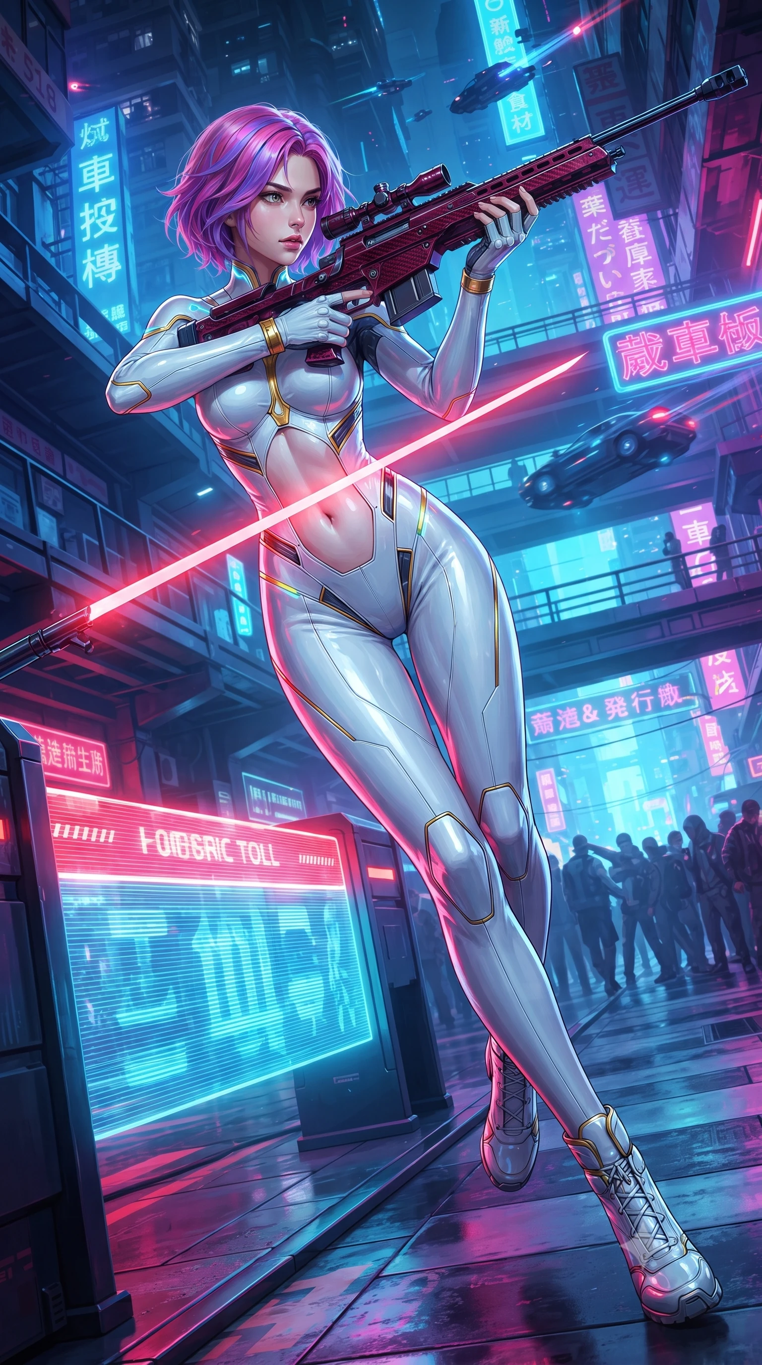 score_9, masterpiece, best quality, ultra-detailed, high-budget anime keyframe, editorial fashion photography, tasteful artistic composition, Caucasian woman. low angle full-body shot from head to toe showing her feet, filling the entire 9:16 vertical frame with her statuesque presence, stretching her vertical silhouette. pivoting dynamically in mid-motion with a breathtakingly alluring posture, displaying her flawless model proportions, toned flat midriff, and ultra-slim waist while arching her spine in a fluid vault over a holographic toll barrier as crimson blade light traces her athletic torso. The surrounding environment is rendered in vivid detail and crisp panoramic clarity. vibrant high-contrast neon illumination and high-speed cyberpunk kinetic energy rendered with precision. She has an absolutely perfect, statuesque 8.5-heads proportion, an exceptionally tall and slender model-like female figure with impossibly long slender legs, a toned flat midriff, and an ultra-slim waist. sharp v-shaped jawline, high-bridge nose, intricate jewel-like eyes with depth, thick eyelashes, glossy lips with a natural sheen, flawlessly proportioned anatomical accuracy, strict slender model proportions, natural body alignment, perfectly sculpted long slender limbs, ultra-slim waistline, clean dynamic posture without body distortion. wearing a form-contouring arctic white carbon-composite battle-suit with solar gold trim and diagonal midriff vents, aiming a precision carbon-fiber railgun sniper rifle with divine focus in deep crimson carbon weave with specular dark chrome accents, made of lightweight aerodynamic carbon-titanium alloy with polished edge bevels, accented with glowing fiber-optic conduits tracing her collarbones and hip curves, the precision-cut daring openings accentuating her delicate midriff, graceful bare collarbones, and ultra-slim feminine waistline. surrounded by a fast, fierce, and intoxicatingly seductive cyber-assassin muse aura. ultra-reflective glossy finish, specular highlights, dark metallic sheen, high-contrast stereoscopic depth, volumetric dynamic lighting, 2k, ultra detail, master piece, 9:16 ratio