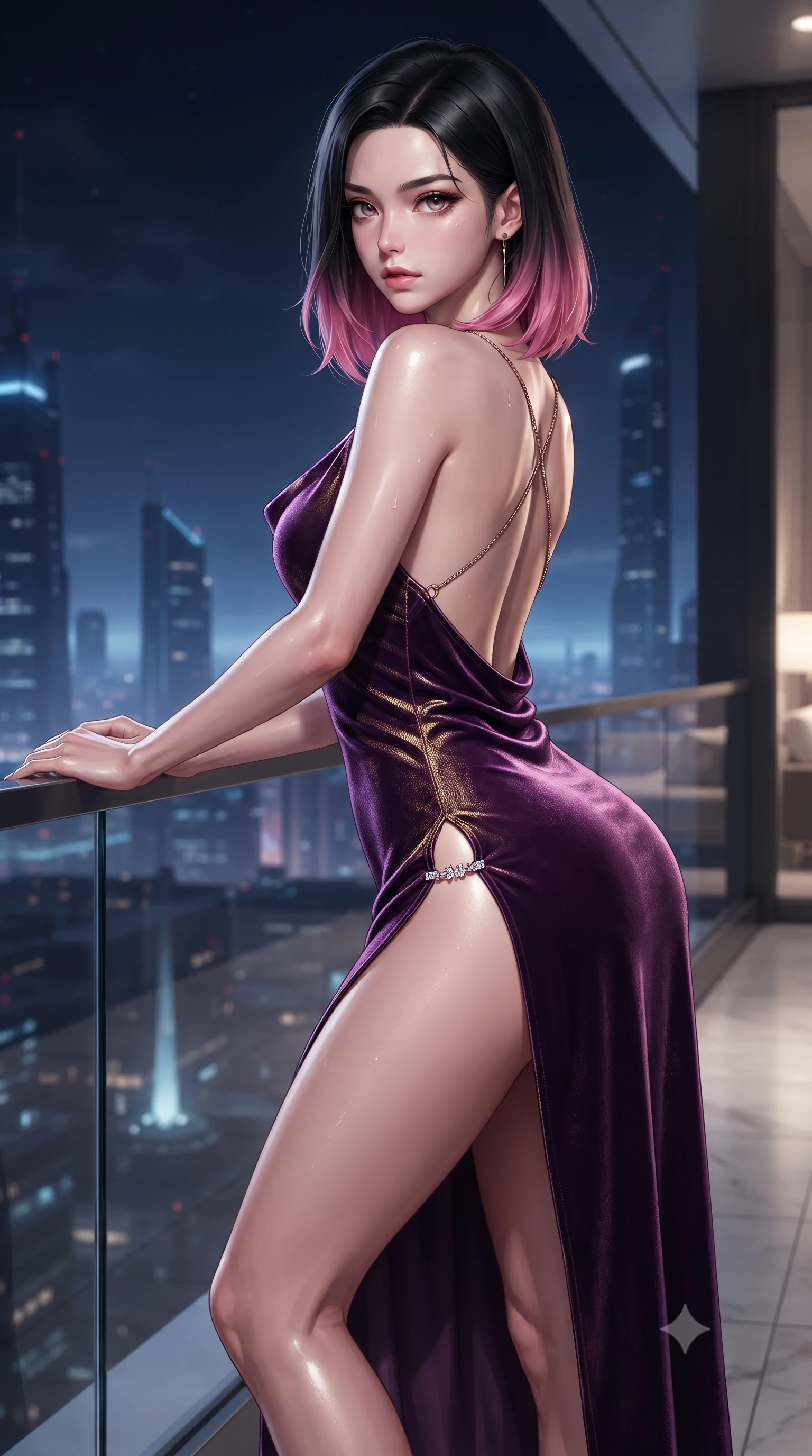 score_9, masterpiece, best quality, ultra-detailed, high-budget anime keyframe, editorial fashion photography, tasteful artistic composition, Korean woman. close-up cowboy shot from the waist and thighs up, the character dominates the composition, filling the frame with her large presence. twisting her slender torso in a deep contrapposto stance, hips dramatically shifted to accentuate her feminine curves while looking past her shoulder with smoldering bedroom-eyes while resting both hands on the low glass railing with lower back arched, casting an alluring over-the-shoulder bedroom-glance toward the camera. The surrounding environment is rendered in vivid detail and crisp panoramic clarity. sleek modern luxury chiaroscuro and futuristic skyline elegance rendered with environmental precision. She has an exceptionally elegant, slender, and willowy female figure with an ultra-slim waist, a gracefully sculpted slender torso, toned flat midriff, and rounded feminine hips creating an alluring hourglass silhouette. sharp v-shaped jawline, high-bridge nose, intricate jewel-like eyes with depth, thick eyelashes, glossy parted lips with a natural sheen, intensely captivating and seductive bedroom-eyes expression, flawlessly proportioned anatomical accuracy, strict slender model proportions, natural body alignment, perfectly sculpted long slender limbs, ultra-slim waistline, clean dynamic posture without body distortion. wearing a backless cowl-neck satin slip dress featuring high-cut side hip slits and delicate criss-cross back straps in imperial purple velvet and antique gold, woven from layered gossamer chiffon with a weightless sweeping drape, finished with an ultra-high side slit secured by miniature jeweled clasps, the glove-like aerodynamic silhouette tightly following the natural contour of her hips and long slender legs with statuesque precision. illuminated by crisp directional edge lights sharply sculpting her slender waist and curvy feminine hips. ultra-reflective glossy finish, specular highlights, rich textural contrasts, high-contrast stereoscopic depth, volumetric dynamic lighting, 2k, ultra detail, master piece, 9:16 ratio