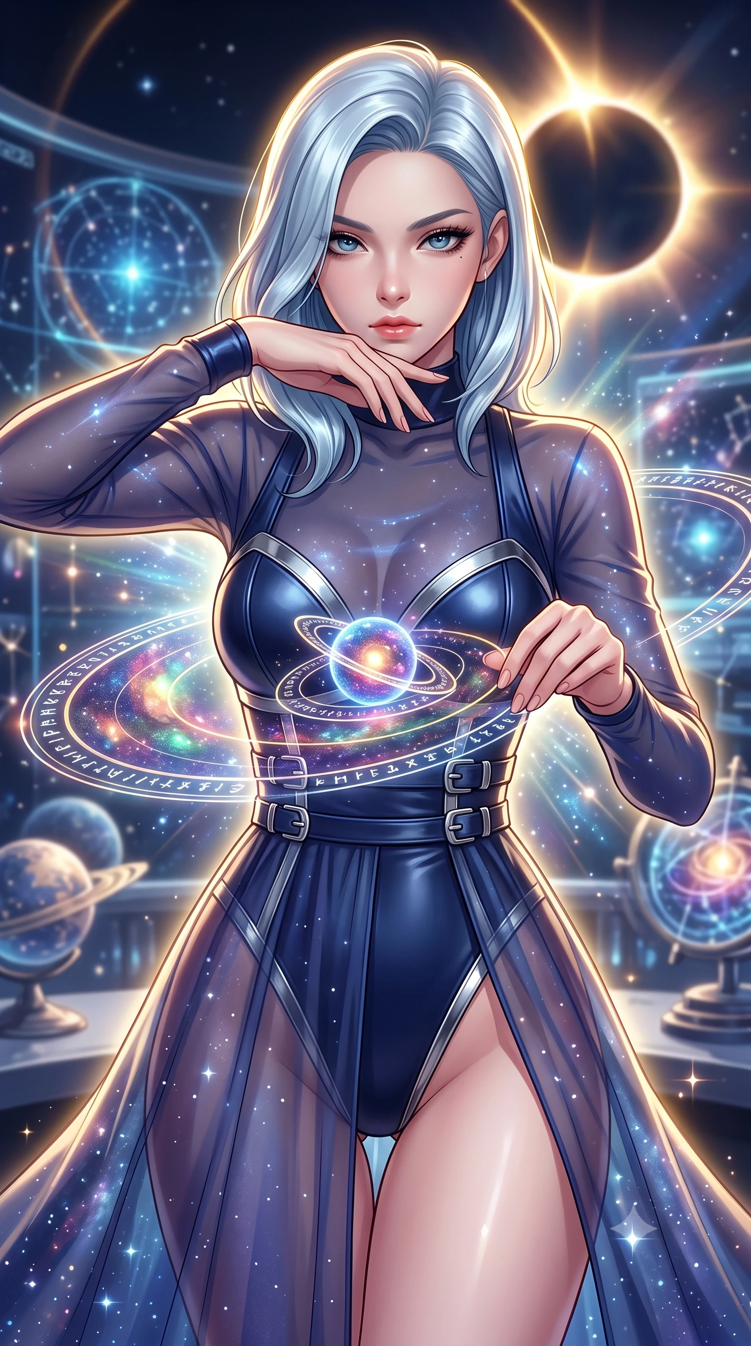 score_9, masterpiece, best quality, ultra-detailed, high-budget anime keyframe, editorial fashion photography, tasteful artistic composition, Korean woman. close-up cowboy shot from the waist and thighs up, the character dominates the composition, filling the frame with her large presence, background elements kept in soft focus. Resting her chin on the backs of her fingers, casting a sharp, mysterious gaze adjusting a luminous planetary orbital dial filled with galaxy dust, a cosmic eclipse casting brilliant golden rim highlights. She has an exceptionally elegant, slender, and willowy female figure with an ultra-slim waist, a gracefully sculpted slender torso, and a refined silhouette. sharp v-shaped jawline, high-bridge nose, intricate jewel-like eyes with depth, thick eyelashes, glossy lips with a natural sheen. wearing a semi-opaque sheer overlay dress over a leather micro-bodysuit in midnight navy blue and chrome trim, formed from sleek second-skin neoprene, detailed with polished silver buckles along the waistline, the tailored fabric tightly following every curve of her athletic build. surrounded by a glowing aura of starlight and shimmering celestial rays. highly saturated vibrant anime colors, detailed shading with soft gradients, rich glossy textures, high-contrast stereoscopic depth, volumetric dynamic lighting, master piece, 9:16 ratio