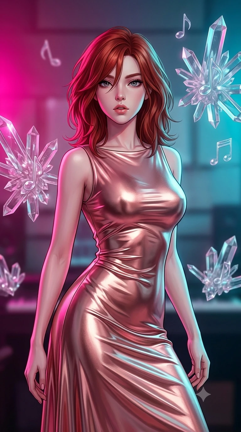 score_9, masterpiece, best quality, ultra-detailed, high-budget anime keyframe, editorial fashion photography, tasteful artistic composition, Korean woman. close-up cowboy shot from the waist and thighs up, the character dominates the composition, filling the frame with her large presence, background elements kept in soft focus. Looking directly at the camera with a bold fearless expression and parted lips. set against a soft-focus background of a music studio where powerful sound waves have frozen mid-propagation into crystalline structures in the air each transparent crystal formation humming with a different captured musical note. She has an exceptionally elegant and slender, willowy female figure with an ultra-slim waist, a gracefully sculpted slender torso, and a refined slim physique. sharp v-shaped jawline, high-bridge nose, intricate jewel-like eyes with depth, thick eyelashes, glossy lips with a natural sheen. wearing a liquid metallic rose gold evening gown with a high boat neckline, flowing like liquid metal along her statuesque slender frame. dual-tone lighting with hot magenta from the left and cool cyan from the right. 2k, ultra detail, master piece, 9:16 ratio