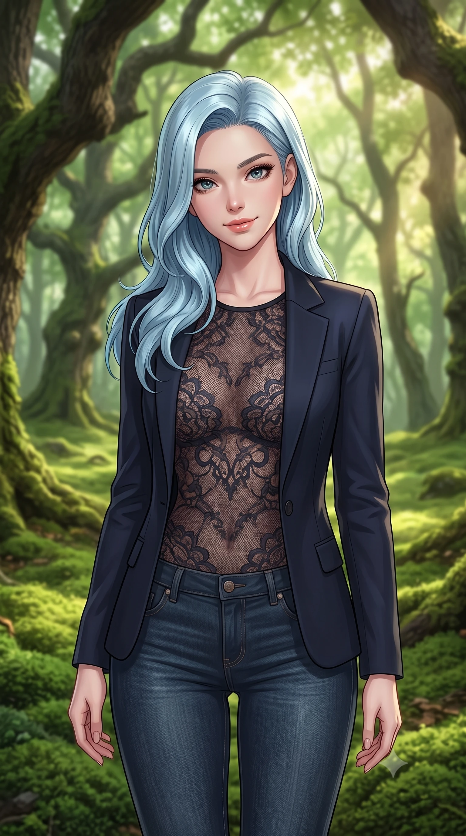 score_9, masterpiece, best quality, ultra-detailed, high-budget anime keyframe, editorial fashion photography, tasteful artistic composition, Korean woman woman. close-up cowboy shot from the waist and thighs up, the character dominates the composition, filling the frame with her large presence, background elements kept in soft focus. tilting her head slightly with a gentle, friendly smile under the warm sun the background shows a soft-focus a quiet glen covered in a thick carpet of emerald green moss, surrounded by old oak trees. She has an exceptionally elegant, slender, and willowy female figure with an ultra-slim waist, a gracefully sculpted slender torso, and a refined silhouette. sharp v-shaped jawline, high-bridge nose, intricate jewel-like eyes with depth, thick eyelashes, glossy lips with a natural sheen. wearing a body-hugging semi-opaque dark lace bodysuit worn under a tailored open blazer and jeans. soft diffused green light filtering through the dense canopy. 2k, ultra detail, master piece, 9:16 ratio