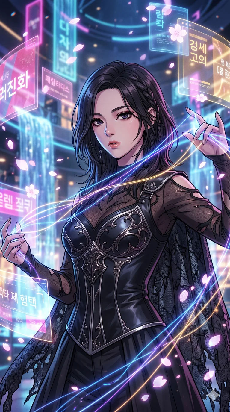 score_9, masterpiece, best quality, ultra-detailed, high-budget anime movie keyframe, cinematic anime lighting, intricate line art, Korean woman. Upper body filling screen focusing on her alluring features and slim-fit silhouette. weaving threads of light in a holographic shopping mall with digital sakura petals. She has an absolutely perfect 8-heads proportion, an exceptionally tall and slender female figure with an ultra-slim waist and impossibly long slender legs. sharp v-shaped jawline, high-bridge nose, intricate jewel-like eyes, thick eyelashes, glossy lips. Wearing dark fantasy gothic leather armor with ornate obsidian plates, a tattered lace cape, and sheer mesh cut-outs at the midriff, exuding a mysterious allure. The scene is illuminated by dramatic atmospheric lighting and vibrant color palettes. , 2k, ultra detail, master piece, 9:16 ratio