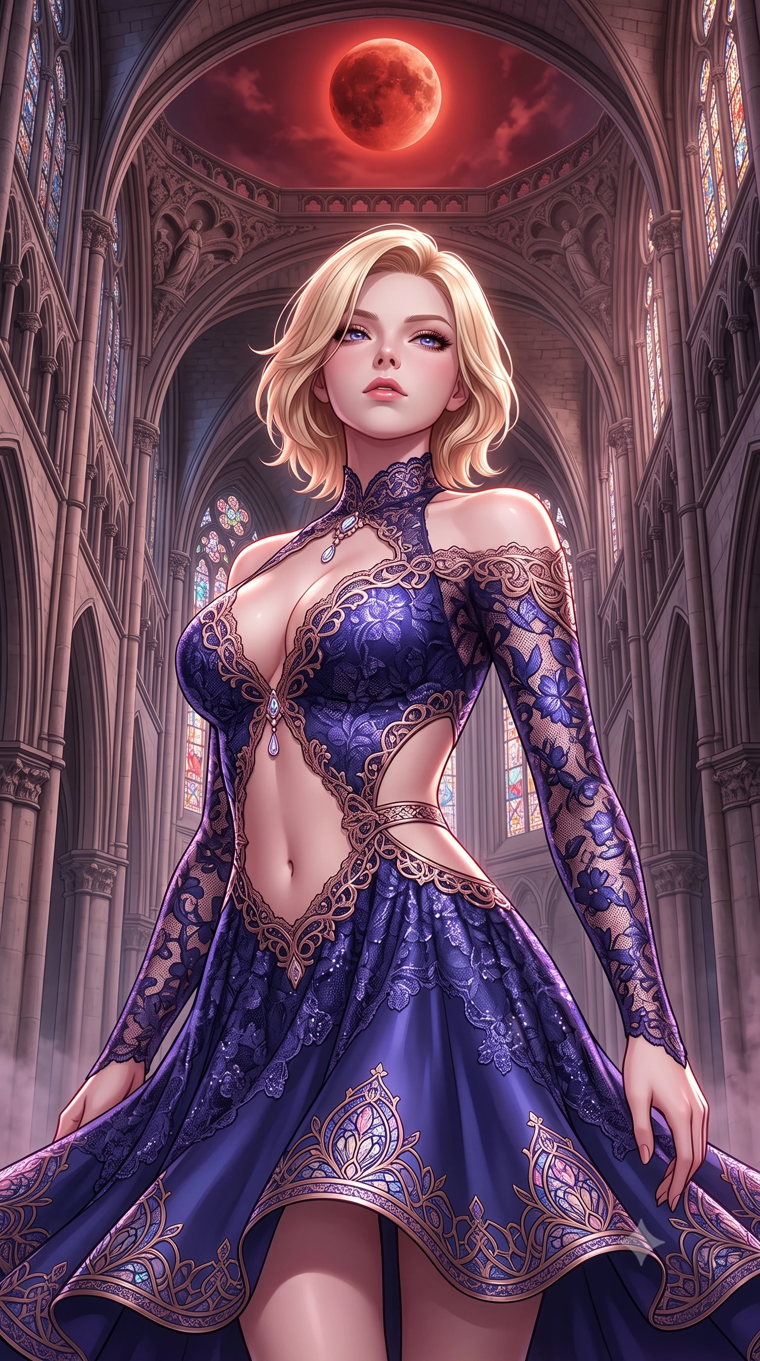 score_9, masterpiece, best quality, ultra-detailed, high-budget anime keyframe, semi-realistic 3D game render, editorial fashion photography, tasteful artistic composition, Caucasian woman. close-up cowboy shot from the waist and thighs up, the character dominates the composition, filling the frame with her large presence. tilting her chin up with proud, sovereign allure while gazing through thick eyelashes with an irresistible, dangerous bedroom-gaze while pivoting dynamically beneath colossal gothic cathedral arches as a total lunar eclipse casts blood-crimson shadows. The surrounding environment is rendered in vivid detail and crisp panoramic clarity. detailed leaded stained-glass patterns, silk dress hem embroidery, and mist layers in high resolution. She has an exceptionally elegant, slender, and willowy female figure with an ultra-slim waist, a gracefully sculpted slender torso, toned flat midriff, and a refined slim silhouette. sharp v-shaped jawline, high-bridge nose, intricate jewel-like eyes with depth, thick eyelashes, glossy parted lips with a natural sheen, intensely captivating and seductive expression, flawlessly proportioned anatomical accuracy, strict slender model proportions, natural body alignment, perfectly sculpted long slender limbs, ultra-slim waistline, clean dynamic posture without body distortion. wearing a dark romantic lace-sleeved evening gown with a plunging neckline and bare shoulders in royal indigo and antique rose gold, formed from shimmering floral lace over smooth opaque silk lining, accented with delicate crystal teardrop pendants at the neckline, the precision-cut daring openings accentuating her delicate midriff, graceful bare collarbones, and ultra-slim feminine waistline. surrounded by an immortal, transcendent, and breathtakingly majestic gothic siren aura. highly saturated vibrant anime colors, detailed shading with soft gradients, rich glossy textures, high-contrast stereoscopic depth, volumetric dynamic lighting, master piece, 9:16 ratio