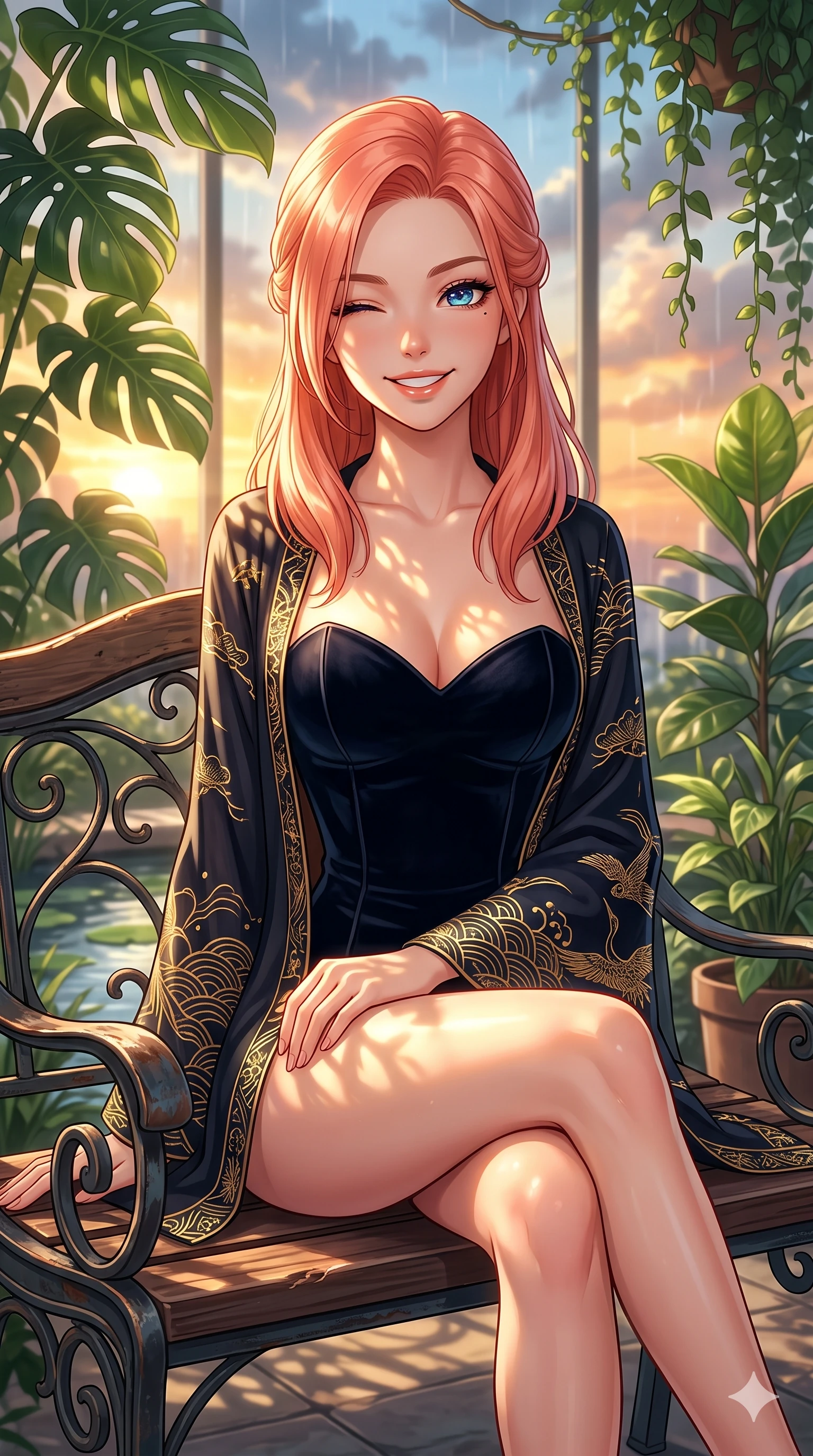 score_9, masterpiece, best quality, ultra-detailed, high-budget anime keyframe, vibrant anime aesthetic, Japanese woman. close-up cowboy shot from the waist and thighs up, the character dominates the composition, filling the frame with her large presence, background elements kept in soft focus. She is sitting on a vintage bench, winking with a playful and bright expression, her eyes shining with genuine joy with a captivating and confident presence. the background shows a soft-focus luxury penthouse conservatory with a panoramic glass wall showing rain clouds parting for a golden sunset (Code-P22-180). She has an absolutely perfect proportion, an exceptionally elegant and slender female figure with an ultra-slim waist. V-shaped jawline, high-bridge nose, intricate jewel-like eyes with depth, thick eyelashes, glossy lips with a natural sheen. wearing a structured velvet bodice with a sweetheart neckline combined with a delicate wrap in midnight black with gold embroidery. She is drenched in warm, golden afternoon sunbeams filtering through dense green monstera leaves, creating a cinematic, high-budget anime lighting effect by the quiet garden pond. 2k, ultra detail, master piece, 9:16 ratio