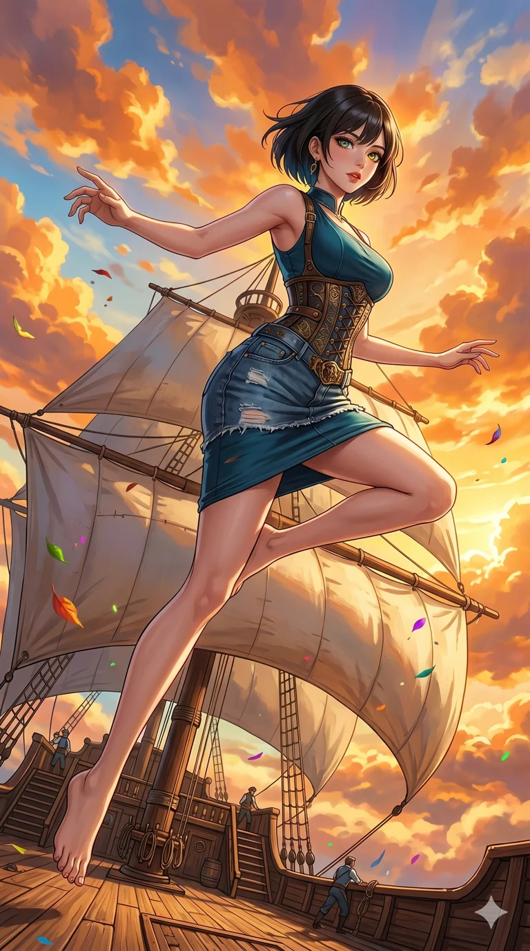 첨부의 캐릭터 얼굴만 유지해, score_9, masterpiece, best quality, ultra-detailed, Set C: High-budget Anime Keyframe, Korean woman. Low angle cowboy shot filling the entire 9:16 frame with her statuesque presence. Leaping across the sails of a giant airship in the clouds. She has an absolutely perfect 8-heads proportion, an exceptionally tall and slender female figure with elegant long slender legs and an slender waist. Sharp v-shaped jawline, high-bridge nose, intricate jewel-like eyes with depth, thick eyelashes, glossy lips. Wearing an Urban Trendsetter outfit: elegant form-fitting dress with high-waist denim and ornate corset. Background is a bright and colorful sky with vibrant orange clouds and a wooden airship deck. 2k, ultra detail, master piece, 9:16 ratio