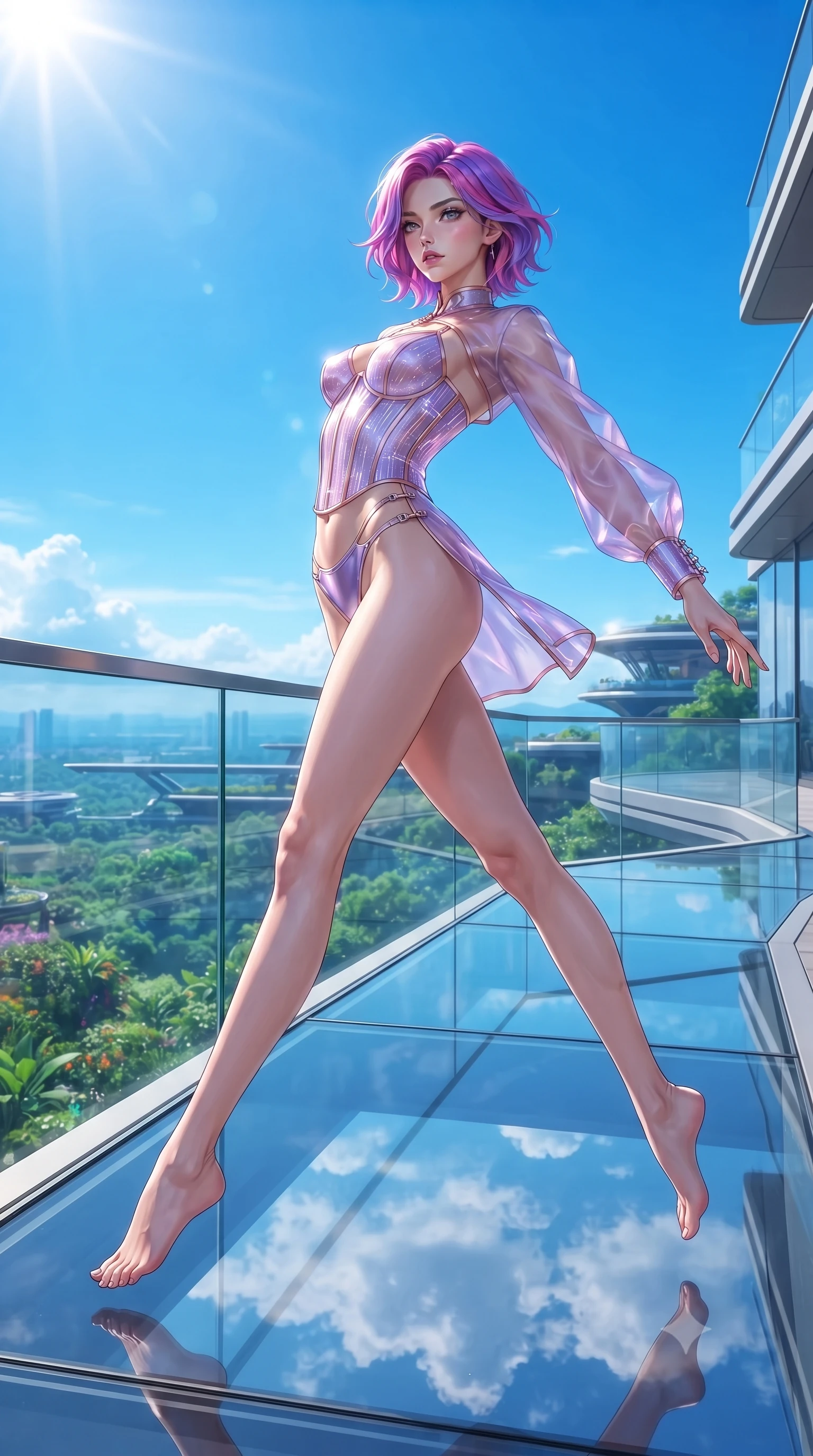 score_9, masterpiece, best quality, ultra-detailed, high-budget anime keyframe, editorial fashion photography, tasteful artistic composition, Caucasian woman. low angle full-body shot from head to toe showing her feet, filling the entire 9:16 vertical frame with her statuesque presence, stretching her vertical silhouette. leaping through mid-air with an athletic yet alluring arch of her spine, her impossibly long slender legs stretched in flawless poise while pivoting dynamically on a cantilevered glass observation deck as sunlight reflects brilliantly off distant clouds. The surrounding environment is rendered in vivid detail and crisp panoramic clarity. vibrant contrast between lush green flora, modern architecture, and brilliant blue sky in panoramic precision. She has an absolutely perfect, statuesque 8.5-heads proportion, an exceptionally tall and slender model-like female figure with impossibly long slender legs, a toned flat midriff, and an ultra-slim waist. sharp v-shaped jawline, high-bridge nose, intricate jewel-like eyes with depth, thick eyelashes, glossy lips with a natural sheen, flawlessly proportioned anatomical accuracy, strict slender model proportions, natural body alignment, perfectly sculpted long slender limbs, ultra-slim waistline, clean dynamic posture without body distortion. wearing a structured translucent cyber-corset paired with high-cut metallic bikini briefs and sheer organza sleeves in luminous lavender violet and rose gold, tailored from semi-translucent cybernetic vinyl with glowing micro-filaments, finished with an ultra-high side slit secured by miniature magnetic clasps, the form-contouring material adhering flawlessly to her sculpted flat midriff and slender torso, emphasizing her long leg lines and perfectly proportioned willowy build. bathed in brilliant high-noon sunbursts and rich sky-blue ambient bounce light. ultra-reflective glossy finish, specular highlights, metallic sheen, high-contrast stereoscopic depth, volumetric dynamic lighting, 2k, ultra detail, master piece, 9:16 ratio