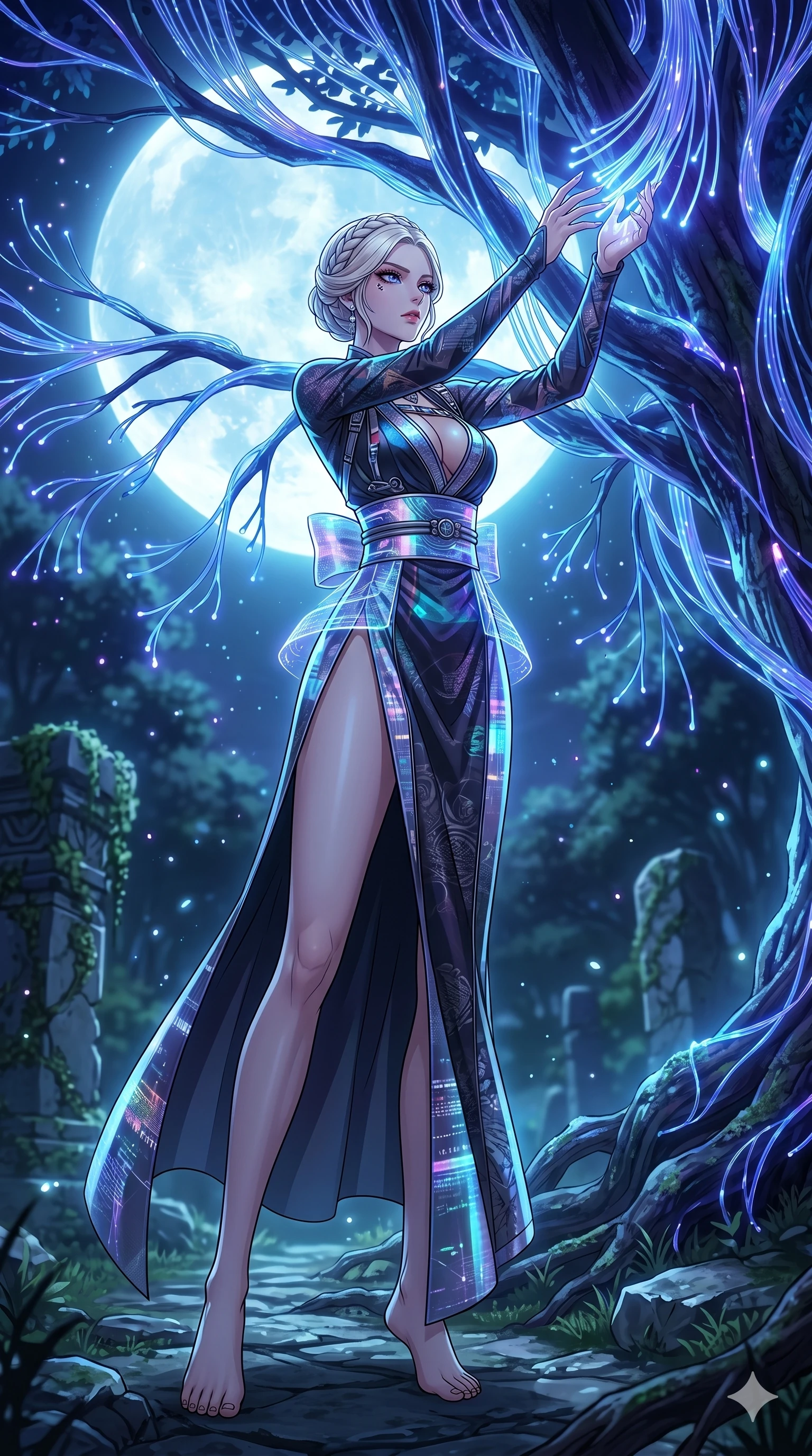 score_9, masterpiece, best quality, ultra-detailed, High-budget Anime Keyframe, vibrant colors, fluid line-art, expressive lighting, cinematic composition, Ufotable-style visual effects, top-tier animation quality, Korean woman with idol-like refined features. Low angle cowboy shot filling the entire 9:16 frame with her statuesque presence, looking up to emphasize her height. Communing with a ancient tree whose leaves are made of translucent fiber-optics. She has an absolutely perfect 8-heads proportion, an exceptionally tall and slender female figure with impossibly long slender legs and an ultra-slim waist, her statuesque height and towering silhouette dominating the vertical 9:16 frame. Her face is a masterpiece featuring a sharp v-shaped jawline, high-bridge nose, intricate jewel-like eyes with depth, thick eyelashes, and glossy lips with a natural sheen. She is wearing a High-slit tech-kimono with a holographic obi and deep-plunging silk hanbok-fusion with metallic straps.. The scene is set in a mystical grove under a giant glowing moon that illuminates the fiber-optic flora. 2k, ultra detail, master piece, 9:16 ratio
