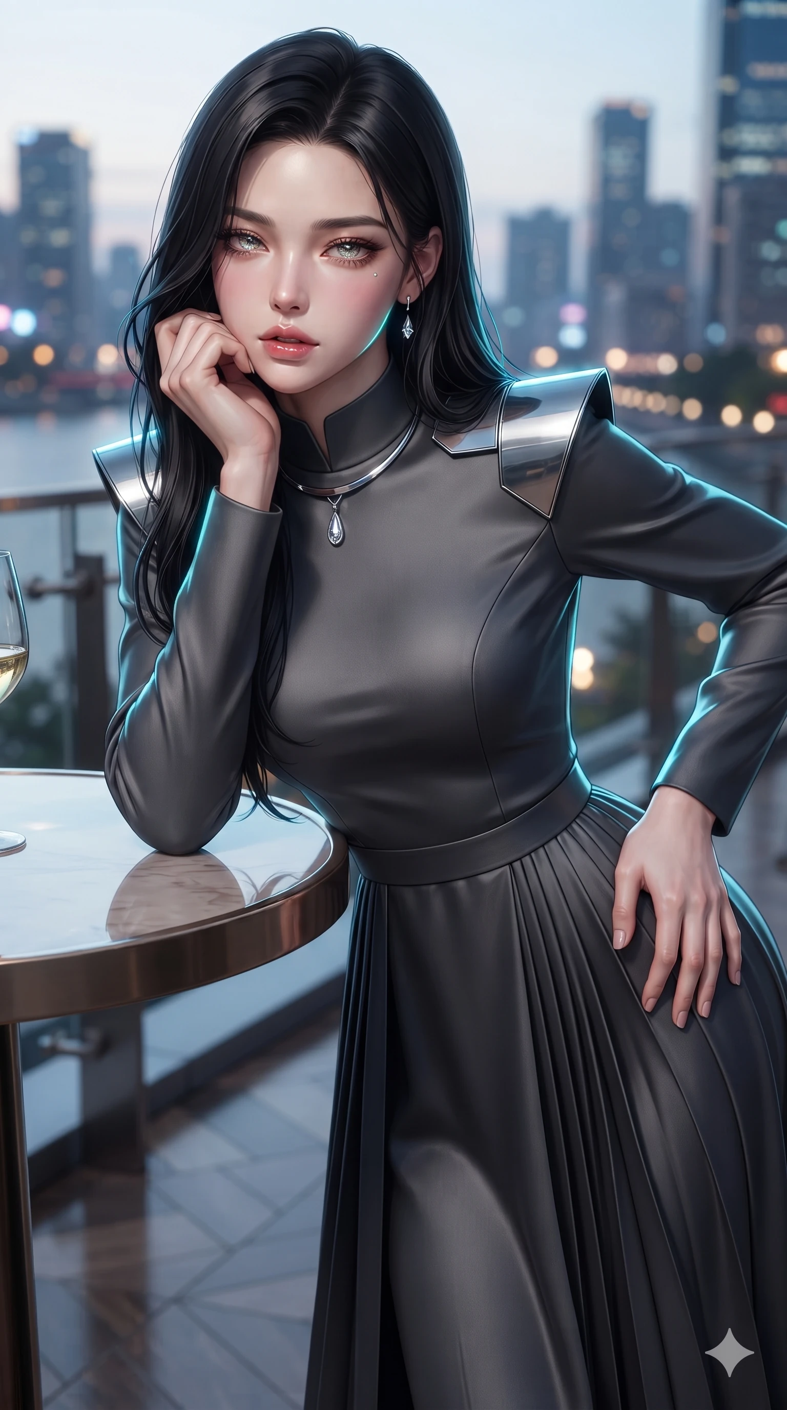 score_9, masterpiece, best quality, ultra-detailed, high-budget anime keyframe, editorial fashion photography, tasteful artistic composition, Korean woman. close-up cowboy shot from the waist and thighs up, the character dominates the composition, filling the frame with her large presence. resting one elbow on the table and supporting her chin, leaning close to the camera with heavy-lidded sparkling eyes and parted lips while arching her spine backward with effortless dancer poise, one hand sliding along her hip line as directional light carves specular highlights along her silhouette. The surrounding environment is rendered in vivid detail and crisp panoramic clarity: sharp parquet floor reflection speculars, sleek tempered-glass balustrade clamps, and crisp river skyline architecture in deep focus. She has an exceptionally elegant, slender, and willowy female figure with an ultra-slim waist, flat toned midriff, narrow ribcage, and sculpted feminine hips creating an alluring, slim hourglass silhouette without bulk. sharp v-shaped jawline, high-bridge nose, intricate jewel-like sparkling eyes with depth, thick eyelashes, glossy parted lips with a natural sheen, intensely captivating and seductive bedroom-eyes expression, exuding both youthful cute charm and sovereign luxury allure, flawlessly proportioned anatomical accuracy, strict slender model proportions, natural body alignment, perfectly sculpted long slender limbs, ultra-slim waistline, clean dynamic posture without body distortion. wearing a refined long-sleeve high-collar silk georgette diplomatic gown with structured geometric shoulder plates and pleated skirt in charcoal grey and polished chrome, crafted from bespoke double-faced cashmere with an exceptionally soft tactile finish, finished with a minimalist chrome choker and a single teardrop diamond pendant, the impeccably tailored cut draping gracefully along her slender figure with aristocratic poise. illuminated by terrace parquet bounce and sharp neon-cyan rim lights sculpting her razor-sharp jawline, narrow waist, and curvy hips. ultra-reflective glossy finish, specular highlights, rich textural contrasts, high-contrast stereoscopic depth, volumetric dynamic lighting, 2k, ultra detail, master piece, 9:16 ratio