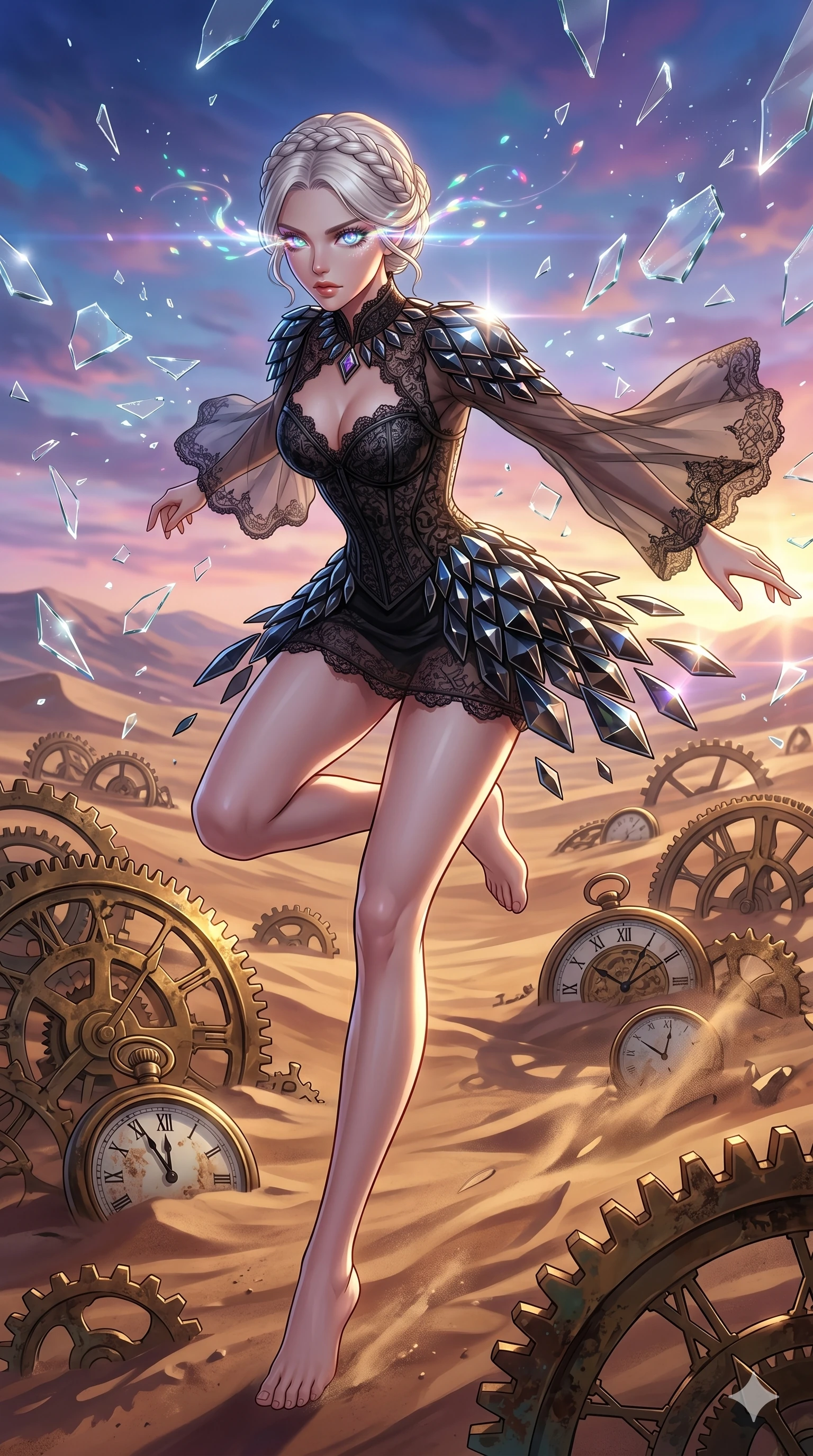 score_9, masterpiece, best quality, ultra-detailed, Set A: High-budget Anime Keyframe, Caucasian (strictly human ears) woman. Low angle cowboy shot filling the entire 9:16 frame with her statuesque presence. Leaping through a clockwork desert, while her eyes glow with 140 different colors and surrounded by shattered glass fragments. She has an absolutely perfect 8-heads proportion, an exceptionally tall and slender female figure with impossibly long slender legs and an ultra-slim waist. Sharp v-shaped jawline, high-bridge nose, intricate jewel-like eyes with depth, thick eyelashes, glossy lips with a natural sheen. Wearing Gothic lace corset mini-dress with sheer bell-sleeves and obsidian glass scales. Cinematic lighting, vibrant colors, dramatic shadows, 2k, ultra detail, master piece, 9:16 ratio