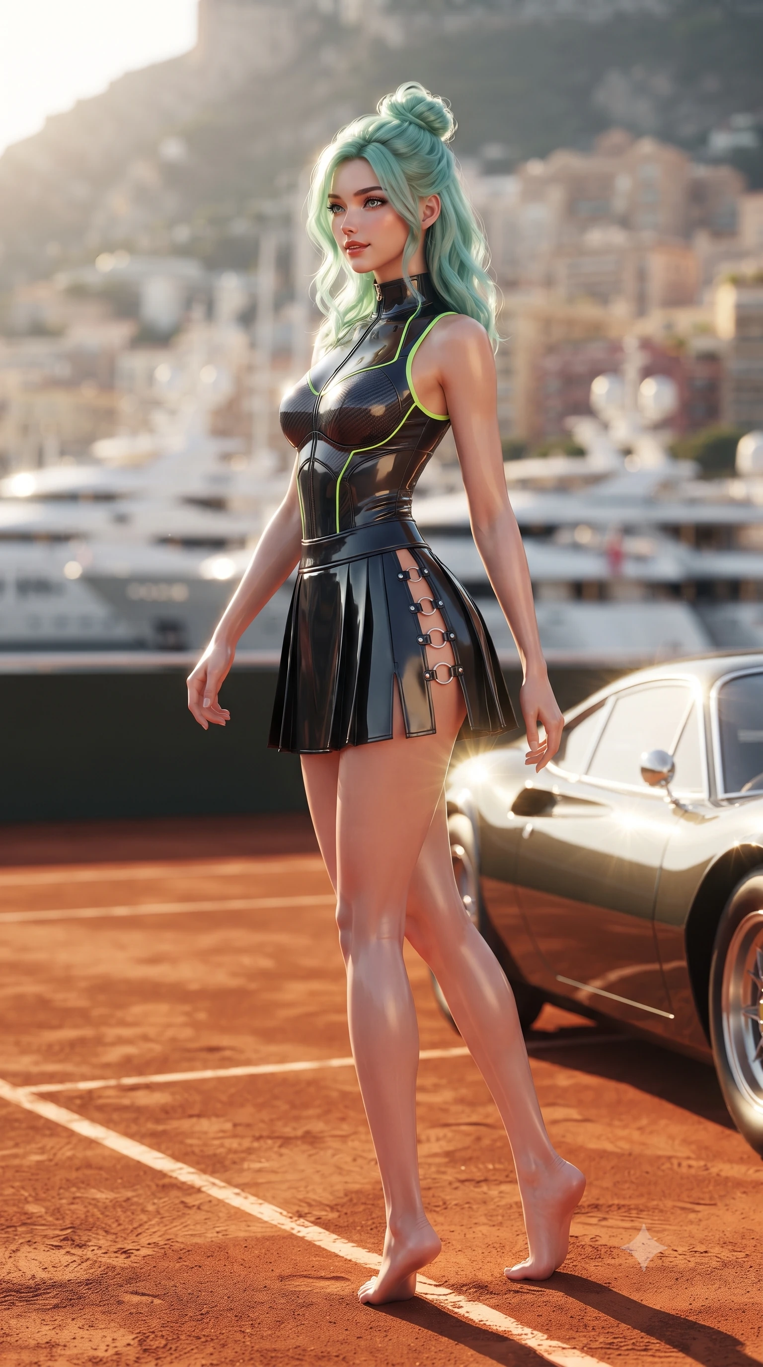 score_9, masterpiece, best quality, ultra-detailed, high-budget anime keyframe, editorial fashion photography, tasteful artistic composition, Japanese woman. low angle full-body shot from head to toe showing her feet, filling the entire 9:16 vertical frame with her statuesque presence, stretching her vertical silhouette. walking slowly along the clay court baseline, looking back over her shoulder with an air of effortless grace and an alluring, smoldering smile while twisting her slender torso in an alluring S-curve, coastal Mediterranean sunbeams glinting off the polished car bodywork and her narrow waist and curvy hips. The background shows a soft-focus the iconic Monaco harbor packed with mega-yachts, the Prince's Palace cliffs, and racing hospitality villas blurred into champagne, turquoise, and amber bokeh. She has an absolutely perfect, statuesque 8.5-heads proportion, an exceptionally tall and slender model-like female figure with impossibly long slender legs, an ultra-slim waist, a flat toned midriff, narrow delicate ribcage, and beautifully sculpted feminine hips creating a graceful, slim hourglass silhouette without any bulky heaviness. sharp v-shaped jawline, high-bridge nose, sparkling eyes with athletic focus and depth, thick curled eyelashes, glossy parted lips with a natural coral-peach sheen, bright confident and coquettish smile with alluring bedroom-eyes, exuding both youthful sporty vigor and sovereign high-society glamour, flawlessly proportioned anatomical accuracy, strict slender model proportions, natural body alignment, perfectly sculpted long slender limbs, ultra-slim waistline, clean dynamic posture without body distortion. wearing a sleeveless high-collar racing bodysuit with carbon-fiber chestplate accents and a pleated wrap tennis skirt with side hip slit in deep midnight carbon and luminous lime green piping, made of high-gloss reflective patent leather with mirror-like specular highlights, finished with sharp laser-cut side ventilation cutouts framed by chrome rings, the high-waisted wrap tailoring accentuating her ultra-slim waistline and the enchanting curve of her feminine hips with alluring sporty charm. bathed in brilliant Mediterranean golden hour sunlight streaming across the harbor. ultra-reflective glossy finish, specular highlights, rich textural contrasts, high-contrast stereoscopic depth, volumetric dynamic lighting, 2k, ultra detail, master piece, 9:16 ratio