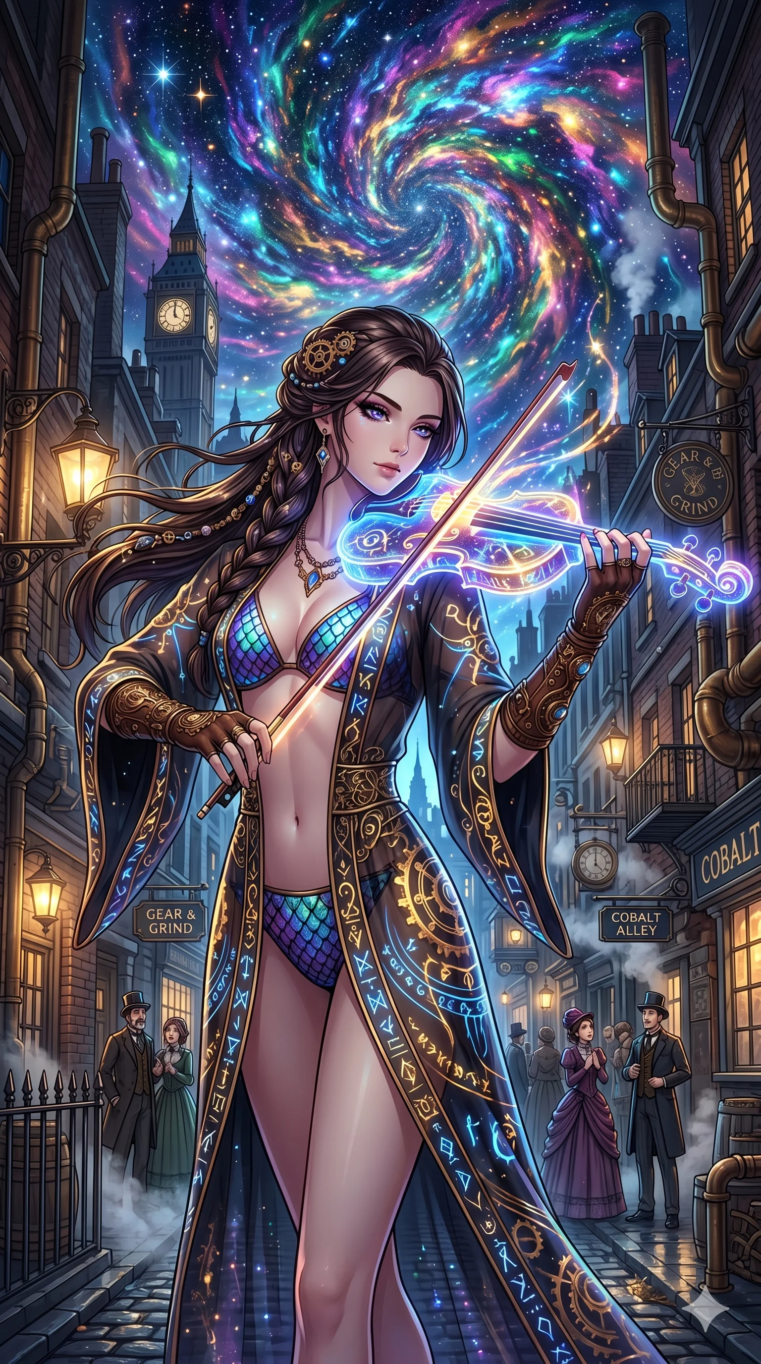 score_9, masterpiece, best quality, ultra-detailed, Set A: High-budget Anime Keyframe, Caucasian (human ears) woman. Upper body close-up from the thighs up, character filling the screen for maximum presence. Theme: Primal Nature. playing a holographic violin in a steampunk London alleyway, with a look of serene power as the sky splits into 118 colors. The atmosphere is filled with a swirling vortex of stars. She has an absolutely perfect 8-heads proportion, an exceptionally tall and slender female figure with impossibly long slender legs and an ultra-slim waist. Sharp v-shaped jawline, high-bridge nose, intricate jewel-like eyes with depth, glossy lips. Wearing Iridescent dragon-scale bikini under a translucent silk kimono with glowing runes. Cinematic lighting, vivid colors, dramatic shadows, 2k, ultra detail, master piece, 9:16 ratio