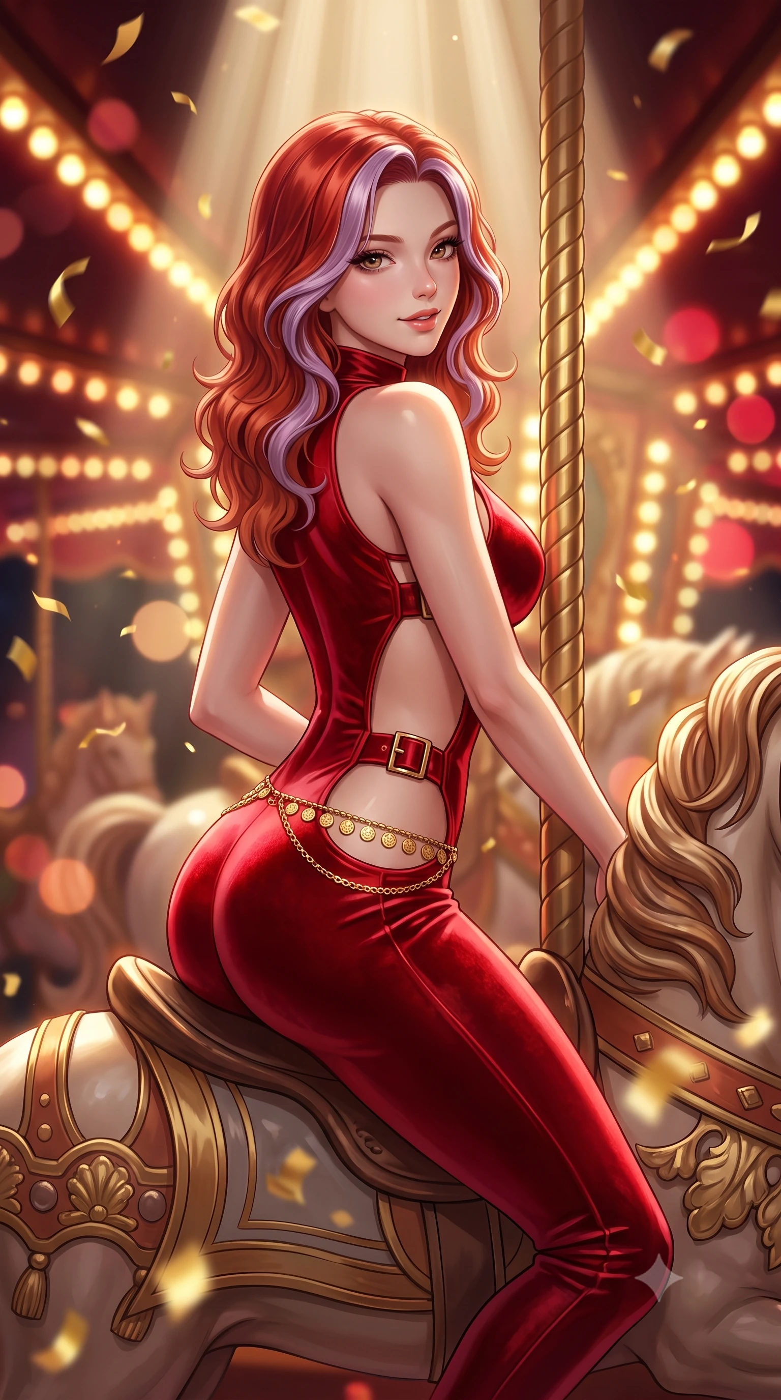 score_9, masterpiece, best quality, ultra-detailed, high-budget anime keyframe, semi-realistic 3D game render, editorial fashion photography, tasteful artistic composition, Caucasian woman. close-up cowboy shot from the waist and thighs up, the character dominates the composition, filling the frame with her large presence. leaning back with relaxed seductive grace, her sculpted collarbones and narrow waist highlighted as she casts smoldering bedroom-eyes directly into the camera while perching sideways on the saddle of an antique carousel horse, looking back over a bare shoulder with an intoxicating, teasing smile. The composition keeps background elements in soft focus with creamy bokeh. swirling gold confetti and carousel bulb light strings blurred into rich amber, ruby-red, and champagne bokeh. She has an exceptionally elegant, slender, and willowy female figure with an ultra-slim waist, a gracefully sculpted slender torso, toned flat midriff, and rounded feminine hips creating an alluring hourglass silhouette. sharp v-shaped jawline, high-bridge nose, intricate jewel-like eyes with depth, thick eyelashes, glossy parted lips with a natural sheen, intensely captivating and seductive bedroom-eyes expression, flawlessly proportioned anatomical accuracy, strict slender model proportions, natural body alignment, perfectly sculpted long slender limbs, ultra-slim waistline, clean dynamic posture without body distortion. wearing a high-collar velvet speedsuit featuring bold side cutouts and quick-release brass buckles in blazing scarlet red and polished brass, crafted from heavyweight crushed silk velvet with liquid luster, accented with a delicate gold coin waist chain framing her feminine hip curve, the glove-like aerodynamic silhouette tightly following the natural contour of her hips and long slender legs with statuesque precision. bathed in dramatic overhead circular spotlight beams and warm golden carousel perimeter glow. highly saturated vibrant anime colors, detailed shading with soft gradients, rich glossy textures, high-contrast stereoscopic depth, volumetric dynamic lighting, master piece, 9:16 ratio