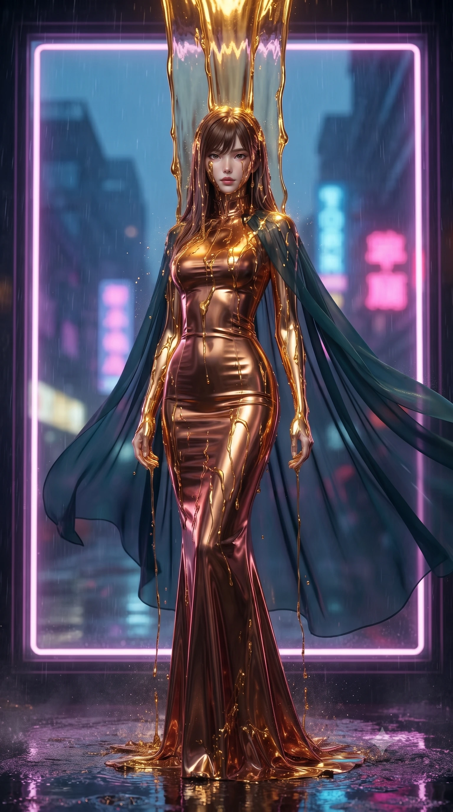 score_9, masterpiece, best quality, ultra-detailed, High-budget Anime Keyframe, editorial fashion photography, tasteful artistic composition, realistic cosplay photography, East Asian woman. Dynamic full-body shot stretching the vertical silhouette to the limit. Scenario 492: standing under a waterfall of liquid gold, the fluid coating her form, in a glowing neon window at twilight with soft rain falling. Her presence is magnetic and overpowering in this high-budget cinematic scene. Outfit 492: a slim-fit metallic copper patent leather gown draped with a semi-transparent chiffon cape. The clothing is designed to emphasize her exceptionally tall and slender 8-heads proportion. 8-heads proportion, towering silhouette, ultra-slim waist. sharp v-shaped jawline, intricate jewel-like eyes with depth, thick eyelashes, glossy lips. ultra-reflective glossy finish, specular highlights, metallic sheen, high-contrast stereoscopic depth, volumetric dynamic lighting, 2k, ultra detail, master piece, 9:16 ratio