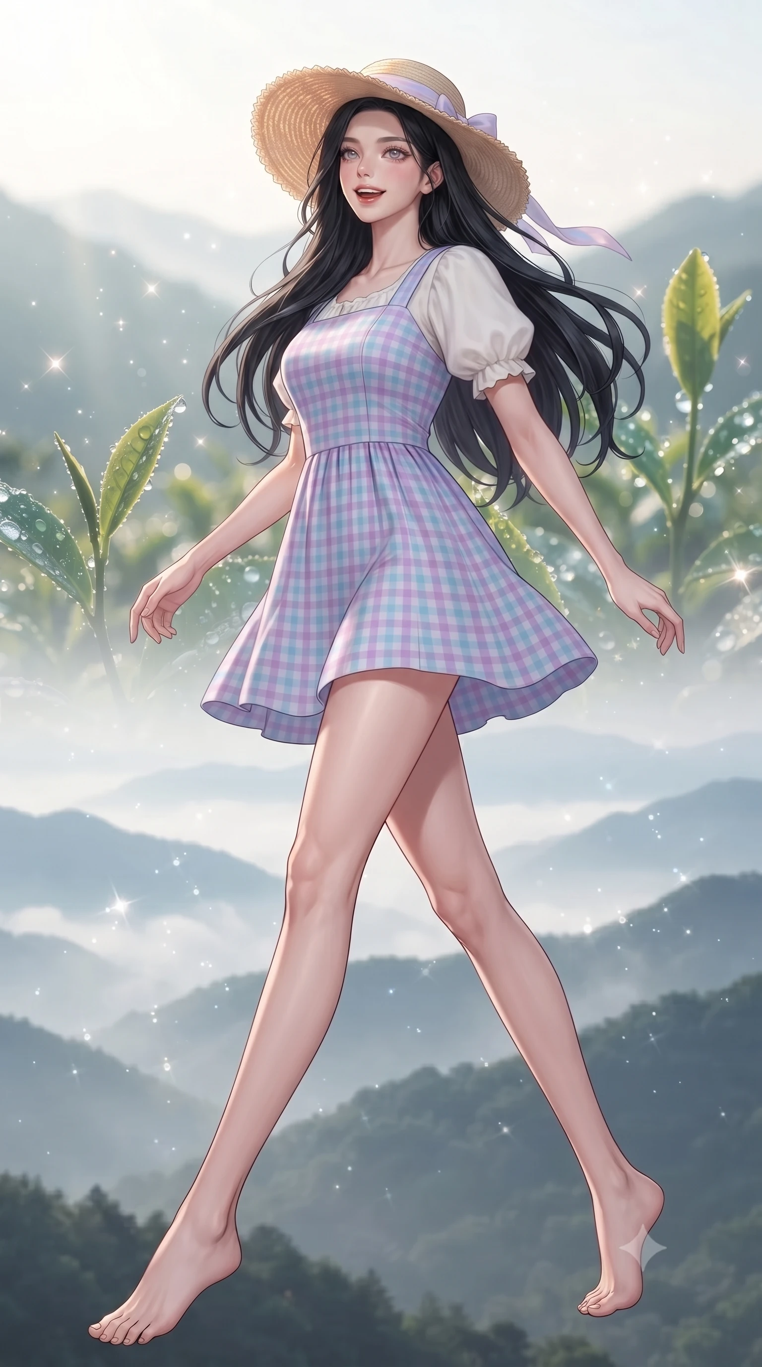 score_9, masterpiece, best quality, ultra-detailed, high-budget anime keyframe, editorial fashion photography, tasteful artistic composition, Korean woman. low angle full-body shot from head to toe showing her feet, filling the entire 9:16 vertical frame with her statuesque presence, stretching her vertical silhouette. stepping forward gracefully in mid-motion with a delighted cute laugh, displaying her tall slender model proportions while gazing across layers of misty mountain ridges with sparkling, hopeful eyes and a radiant expression. The composition keeps background elements in soft focus with creamy bokeh. dewdrops on tea leaves catching early sunrise rays scattering sparkling diamond light motes. She has an absolutely perfect, statuesque 8.5-heads proportion, an exceptionally tall and slender model-like female figure with impossibly long slender legs, a toned flat midriff, and an ultra-slim waist. sharp v-shaped jawline, high-bridge nose, intricate jewel-like eyes with depth, thick eyelashes, glossy lips with a natural sheen, pure and lovely fresh girlhood expression, flawlessly proportioned anatomical accuracy, strict slender model proportions, natural body alignment, perfectly sculpted long slender limbs, ultra-slim waistline, clean dynamic posture without body distortion. wearing a charming pastel gingham pinafore dress layered over a soft white puff-sleeve blouse in soft pastel lavender and delicate sky blue, tailored from soft pastel lightweight wool blend with subtle texture, paired with a wide-brim woven straw hat tied with a pastel ribbon, the chic real-way fashion cut emphasizing her effortless charm, flat midriff, and slender model proportions. surrounded by a peaceful, pristine, and deeply refreshing morning goddess aura. ultra-reflective glossy finish, specular highlights, rich natural textures, high-contrast stereoscopic depth, volumetric dynamic lighting, 2k, ultra detail, master piece, 9:16 ratio