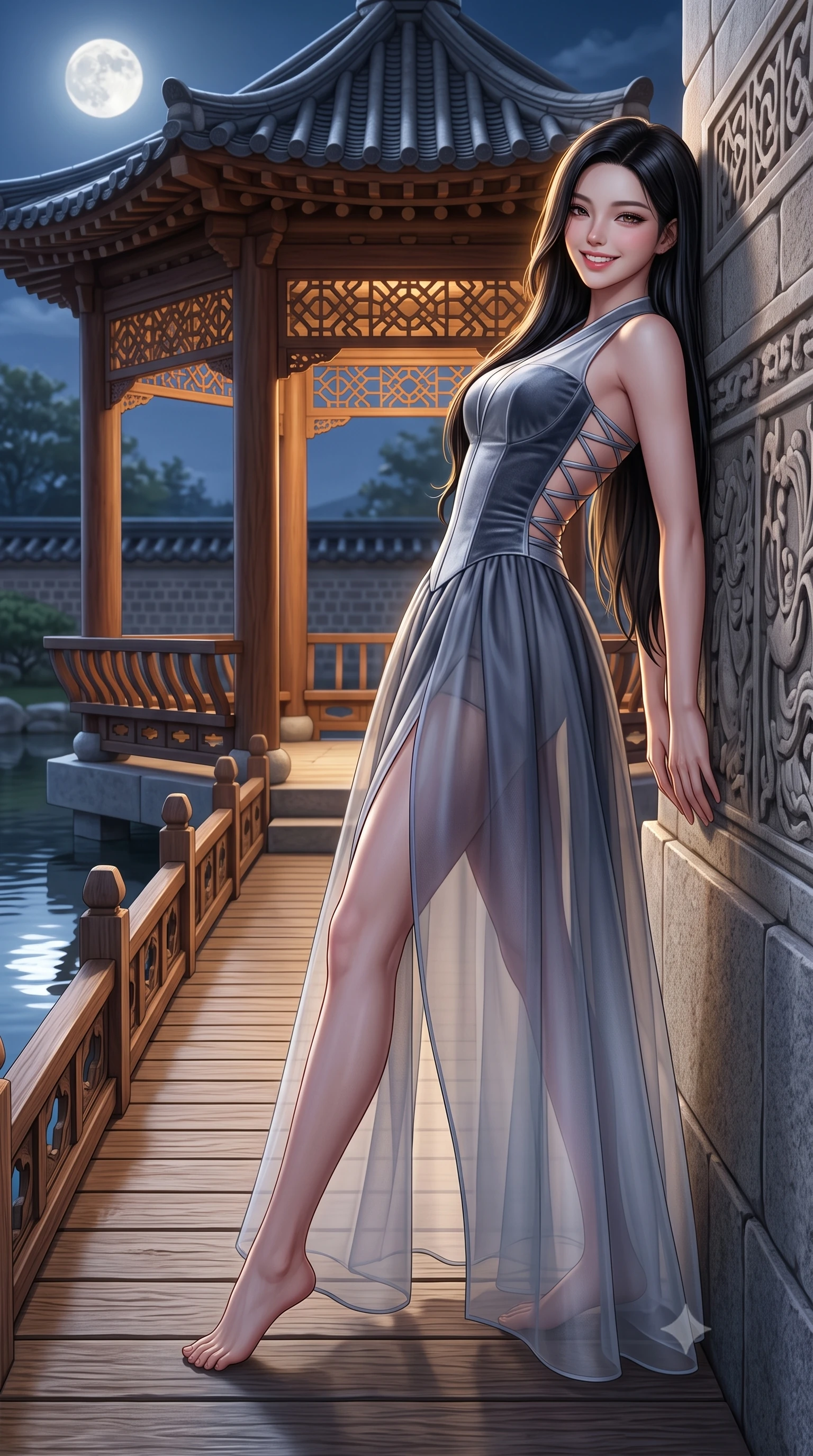 score_9, masterpiece, best quality, ultra-detailed, high-budget anime keyframe, semi-realistic 3D game render, editorial fashion photography, tasteful artistic composition, Korean woman. low angle full-body shot from head to toe showing her feet, filling the entire 9:16 vertical frame with her statuesque presence, stretching her vertical silhouette. leaning deep against the ancient temple wall with hips cocked back in an unapologetically alluring high-fashion stance, flashing a warm beaming smile while pausing mid-stride on the graceful wooden bridge connecting to the hexagonal pavilion island, arching her spine with sovereign queenly grace. The surrounding environment is rendered in vivid detail and crisp panoramic clarity: sharp wooden bridge plank grain, carved pavilion balustrade lattices, and calm pond reflection clarity in deep focus. She has an absolutely perfect, statuesque 8.5-heads proportion, an exceptionally tall and slender model-like female figure with impossibly long slender legs, an ultra-slim waist, a flat toned midriff, narrow delicate ribcage, and beautifully sculpted feminine hips creating a graceful, slim hourglass silhouette without any bulky heaviness. sharp v-shaped jawline, high-bridge nose, intricate jewel-like dark sparkling almond eyes with depth, thick lashes, glossy parted lips with a natural rose-plum sheen, bright alluring and coquettish smile with bedroom-eyes, exuding both timeless oriental elegance and sovereign high-fashion allure, flawlessly proportioned anatomical accuracy, strict slender model proportions, natural body alignment, perfectly sculpted long slender limbs, ultra-slim waistline, clean dynamic posture without body distortion. wearing a modern fusion hanbok dress with a structured velvet bodice and cascading sheer ombre organza skirt with front slit in misty ink-wash slate grey and liquid silver, crafted from heavy fluid silk satin with a liquid mirror-like sheen, finished with criss-cross back satin laces tracing her slender spine, the form-fitting tailored bodice adhering flawlessly to her sculpted flat midriff and slender torso, emphasizing her long leg lines and perfectly proportioned willowy build. illuminated by full moon celestial rays and sharp warm-gold rim lights defining her sculpted collarbones, ultra-slim waist, and curvy hips. highly saturated vibrant anime colors, detailed shading with soft gradients, rich glossy textures, high-contrast stereoscopic depth, volumetric dynamic lighting, master piece, 9:16 ratio