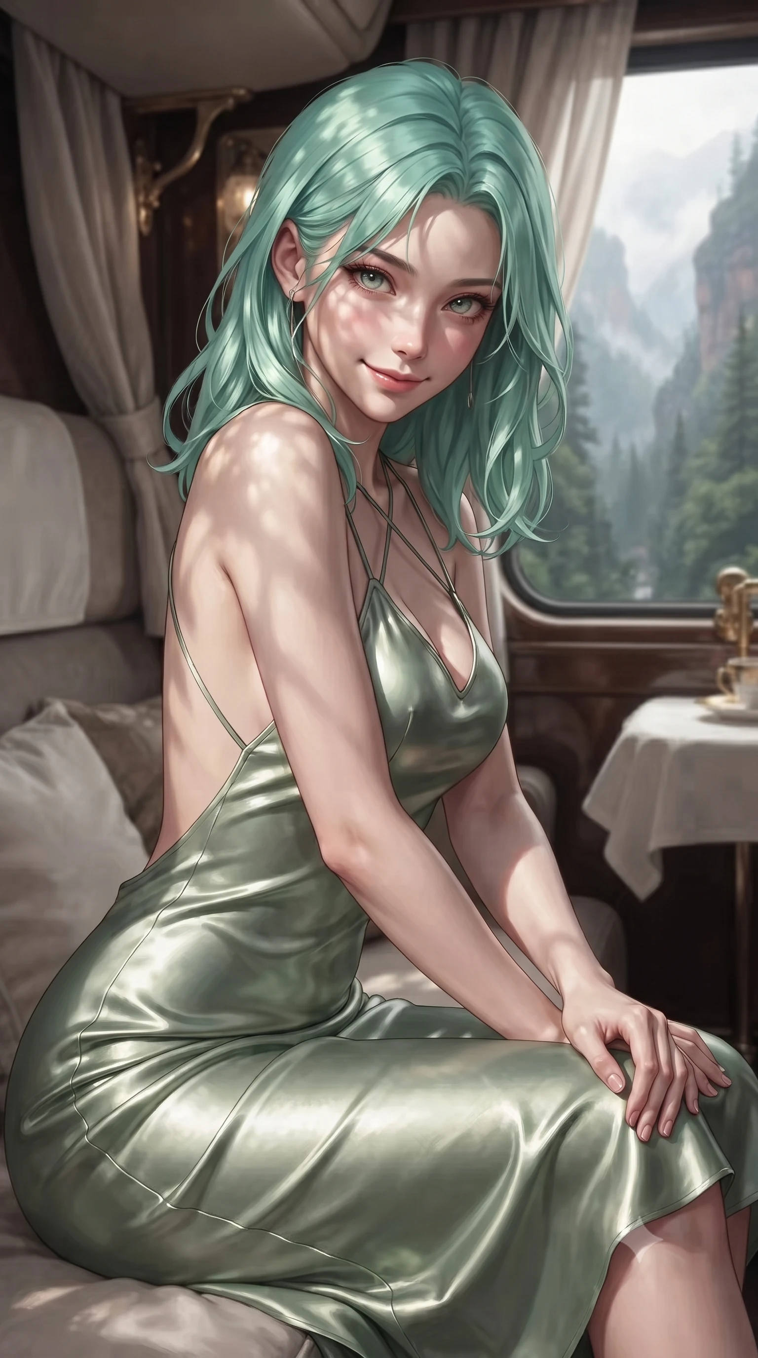 score_9, masterpiece, best quality, ultra-detailed, high-budget anime keyframe, editorial fashion photography, tasteful artistic composition, Japanese woman. close-up cowboy shot from the waist and thighs up, the character dominates the composition, filling the frame with her large presence, background elements kept in soft focus. leaning slightly forward with a playful, teasing smile, her gaze locked onto the viewer the background shows a soft-focus a luxury sleeper berth with soft linen drapes and a view of misty forest canyons. She has an exceptionally elegant, slender, and willowy female figure with an ultra-slim waist, a gracefully sculpted slender torso, and a refined silhouette. sharp v-shaped jawline, high-bridge nose, intricate jewel-like eyes with depth, thick eyelashes, glossy lips with a natural sheen. wearing a slim-fit lightweight silk sundress in sage green with a dramatic open-back and thin criss-cross straps. dappled sunlight filtering through the window as the train passes trees. ultra-reflective glossy finish, specular highlights, metallic sheen, high-contrast stereoscopic depth, volumetric dynamic lighting, 2k, ultra detail, master piece, 9:16 ratio