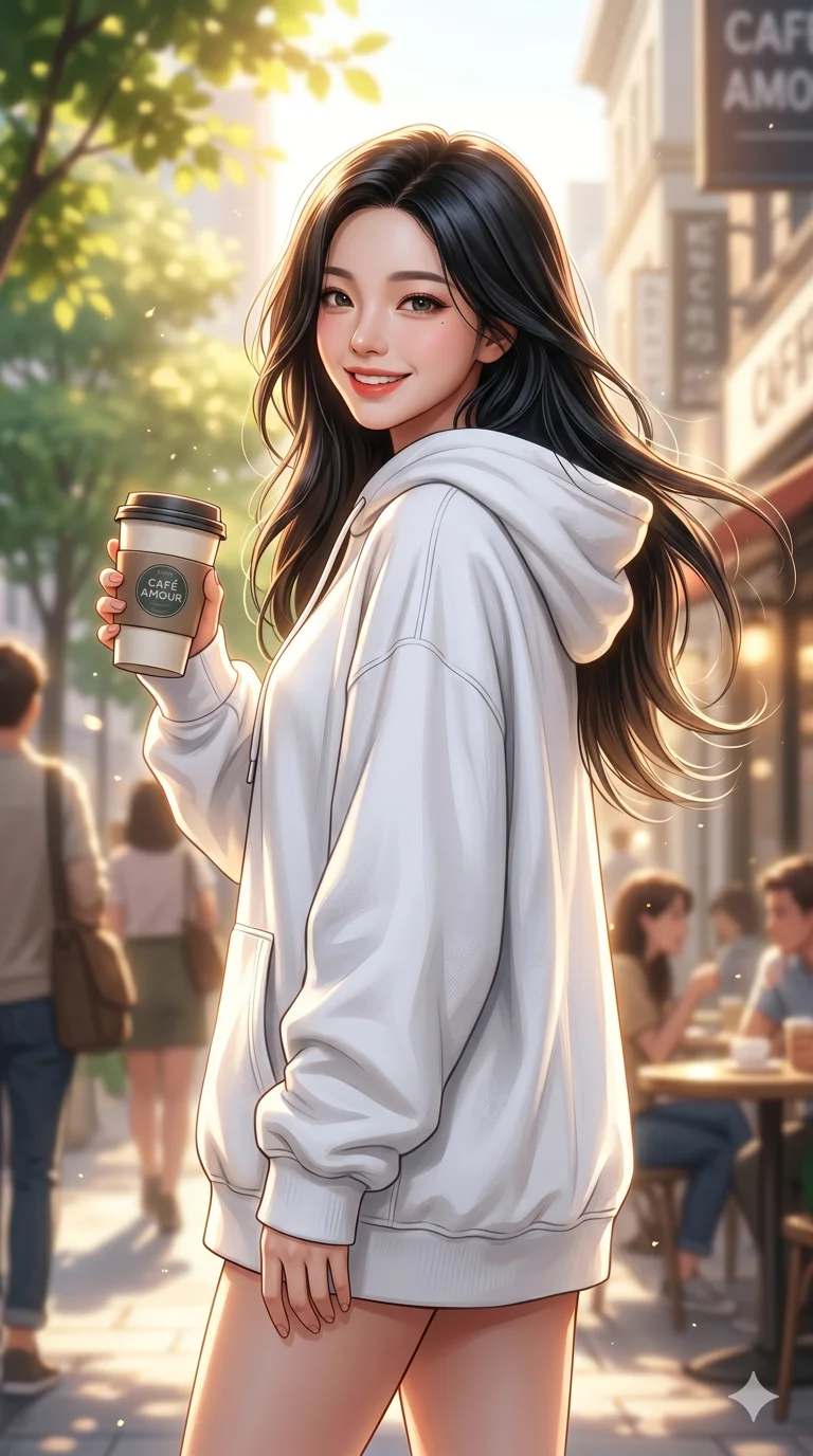 score_9, score_8_up, score_7_up, source_anime, masterpiece, best quality, ultra-detailed, same character with long flowing black hair, wearing an oversized white hoodie, upper body close-up from thigh up filling the screen, holding a coffee cup and looking back over shoulder with a smile, sunny city street with bokeh background, 2k, 9:16 ratio