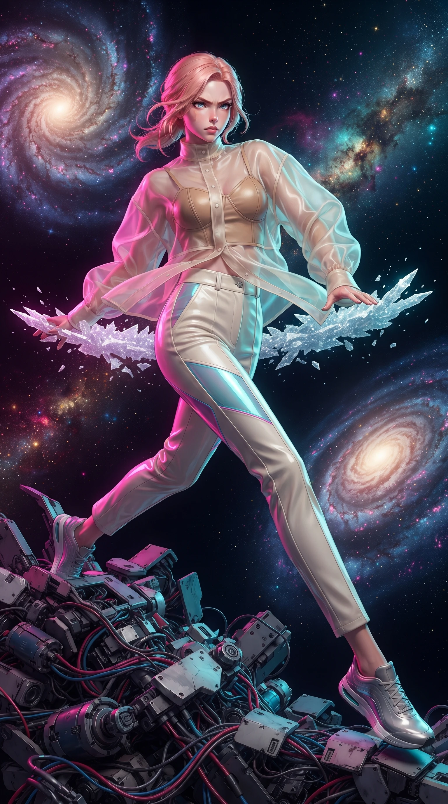 score_9, masterpiece, best quality, ultra-detailed, high-budget anime keyframe, editorial fashion photography, tasteful artistic composition, realistic cosplay photography, Japanese woman. low angle full-body shot from head to toe showing her feet, filling the entire 9:16 vertical frame with her statuesque presence, stretching her vertical silhouette. acrobatically dodging a heavy mech's swipe by vaulting off a pile of cybernetic debris through a platform made of solidified white starlight, floating in a dark cosmic void between spiral galaxies. She has a statuesque 8.5-heads proportion, an exceptionally tall, slender and willowy model-like build with impossibly long legs and a highly sculpted ultra-slim waist. sharp v-shaped jawline, high-bridge nose, intricate jewel-like eyes with depth, thick eyelashes, glossy lips with a natural sheen. wearing tailored for maximum mobility, sleek form-contouring panels that allow fluid movement, a slim-fit semi-transparent cream organza oversized shirt layered naturally over a tan-colored camisole top, paired with tailored trousers. dual-tone lighting with hot magenta from the left and cool cyan from the right. ultra-reflective glossy finish, specular highlights, metallic sheen, high-contrast stereoscopic depth, volumetric dynamic lighting, 2k, ultra detail, master piece, 9:16 ratio