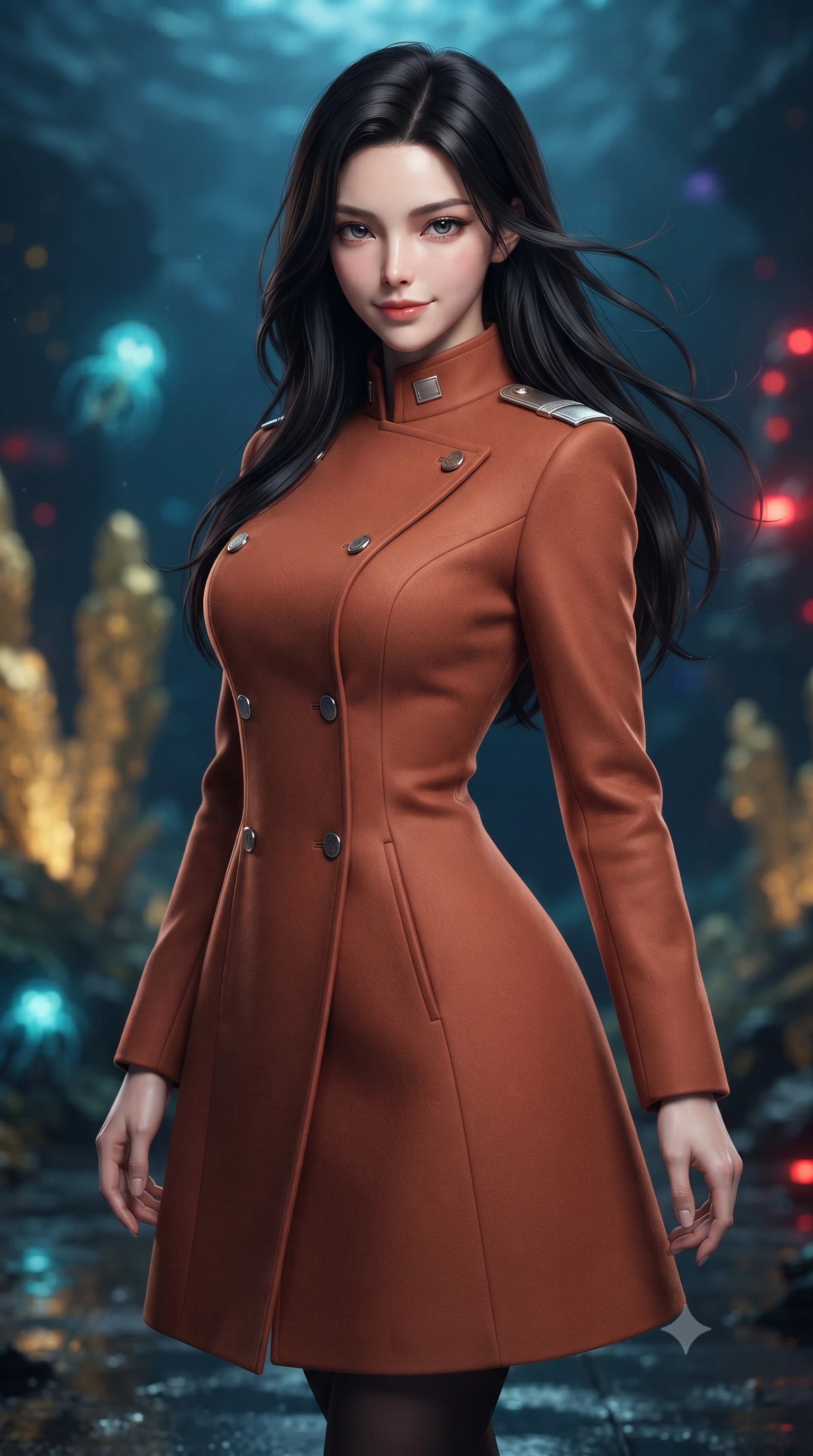 score_9, masterpiece, best quality, ultra-detailed, high-budget anime keyframe, editorial fashion photography, tasteful artistic composition, Korean woman. close-up cowboy shot from the waist and thighs up, the character dominates the composition, filling the frame with her large presence. turning slowly with an enchanting smoldering smile, her glossy hair tossing in the breeze as her hips angle gracefully in a captivating contrapposto while twisting her slender torso in an alluring contrapposto stance, red tactical emergency lights and golden vent fires playing across her narrow waist and curvy hips. The background shows a soft-focus golden mineral heat plumes from hydrothermal vents, glowing bioluminescent abyssal creatures, and deep ink-black ocean blurred into gold, ruby, and indigo bokeh. She has an exceptionally elegant, slender, and willowy female figure with an ultra-slim waist, flat toned midriff, narrow ribcage, and sculpted feminine hips creating an alluring, slim hourglass silhouette without bulk. sharp v-shaped jawline, high-bridge nose, intricate jewel-like sparkling eyes with depth, thick eyelashes, glossy parted lips with a natural peach sheen, bright cheerful beaming smile with an enchanting and coquettish sensual glint, exuding both youthful cute charm and seductive allure, flawlessly proportioned anatomical accuracy, strict slender model proportions, natural body alignment, perfectly sculpted long slender limbs, ultra-slim waistline, clean dynamic posture without body distortion. wearing a tailored orbital navy officer dress uniform featuring a structured double-breasted coat with silver epaulets, high mandarin collar, and matching pressed slacks in Martian desert terracotta and dust-storm gold, crafted from bespoke double-faced cashmere with an exceptionally soft tactile finish, finished with sleek magnetic buckle closures fluttering in the breeze, the impeccably tailored cut draping gracefully along her slender figure with aristocratic poise. illuminated by wet steel floor reflection bounce and sharp ruby-gold rim lights sculpting her razor-sharp jawline, narrow waist, and curvy hips. ultra-reflective glossy finish, specular highlights, rich textural contrasts, high-contrast stereoscopic depth, volumetric dynamic lighting, 2k, ultra detail, master piece, 9:16 ratio