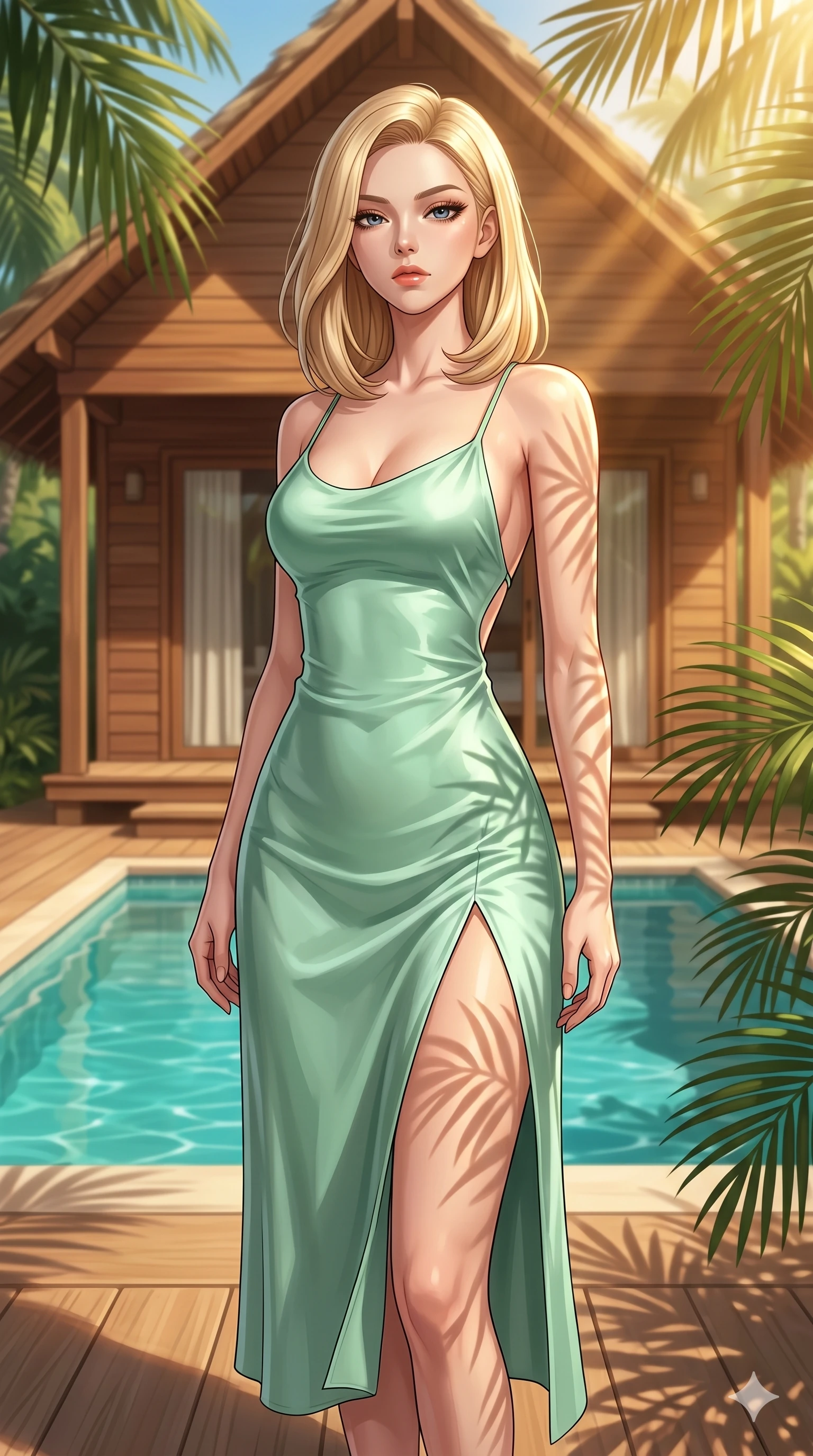 score_9, masterpiece, best quality, ultra-detailed, high-budget anime keyframe, editorial fashion photography, tasteful artistic composition, Korean woman. cowboy shot from the thighs up, character and outfit filling the frame for maximum editorial presence. looking down at the viewer with a haughty, composed and cool expression, her shoulders relaxed by a secluded sun-drenched pool cabin in a tropical luxury resort surrounded by palms (Code-P017). She has an absolutely perfect 8-heads proportion, an exceptionally tall and slender female figure with impossibly long slender legs and an ultra-slim waist. V-shaped jawline, high-bridge nose, intricate jewel-like eyes with depth, thick eyelashes, glossy lips with a natural sheen. wearing a mint green silk slip dress with an open-back design and a high front slit. bathed in warm, golden afternoon sunbeams casting soft organic shadows of leaves on her skin. 2k, ultra detail, master piece, 9:16 ratio