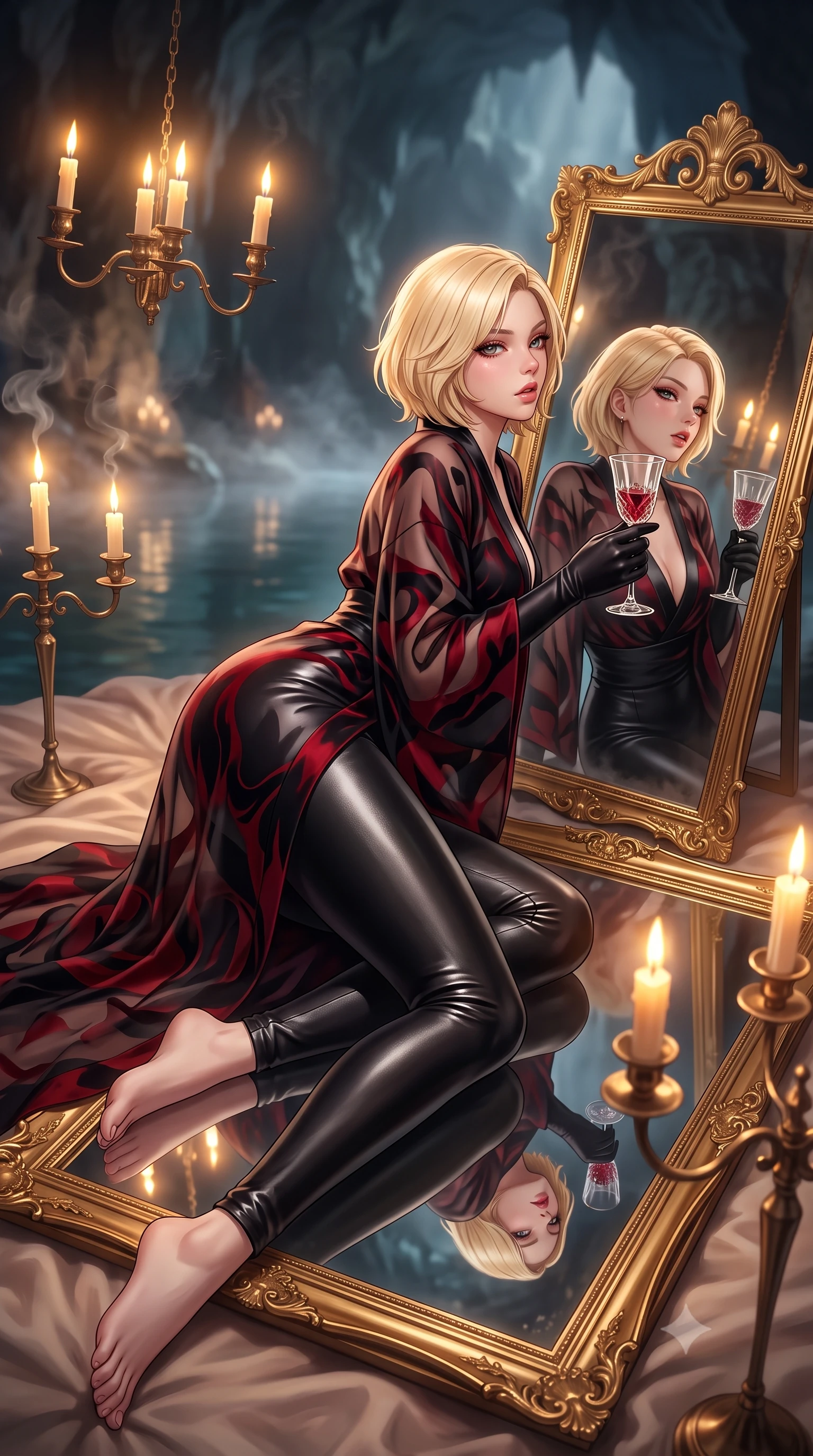 score_9, masterpiece, best quality, ultra-detailed, high-budget anime keyframe, semi-realistic 3D game render, editorial fashion photography, tasteful artistic composition, Caucasian woman. low angle full-body shot from head to toe showing her feet, filling the entire 9:16 vertical frame with her statuesque presence, stretching her vertical silhouette. reclining on her side in an elegant Cleopatra pose with one knee drawn up, the dramatic contour of her rounded hips and long slender legs commanding the 9:16 vertical frame while leaning against an ornate gilded floor mirror surrounded by floating candelabras, looking over her shoulder at her own reflection with parted glossy lips. The composition keeps background elements in soft focus with creamy bokeh. drifting cavern mist and candelabra wax smoke catching glowing amber light motes. She has an exceptionally tall and slender model-like 8.5-heads proportion, an ultra-slim waist, a flat toned midriff, narrow delicate ribcage, and beautifully sculpted feminine hips creating a graceful, slim hourglass silhouette without any bulky heaviness, with impossibly long slender legs. sharp v-shaped jawline, high-bridge nose, intricate jewel-like eyes with depth, thick eyelashes, glossy parted lips with a natural sheen, intensely captivating and seductive bedroom-eyes expression, flawlessly proportioned anatomical accuracy, strict slender model proportions, natural body alignment, perfectly sculpted long slender limbs, ultra-slim waistline, clean dynamic posture without body distortion. wearing a delicate semi-translucent silk yukata that clings to her wet skin and curvy hip contours in phantom obsidian black and blood-red velvet, formed from supple second-skin lambskin leather with specular sheen, accessorized with opera-length satin gloves and a vintage crystal glass, the glove-like aerodynamic silhouette tightly following the natural contour of her hips and long slender legs with statuesque 8.5-heads elegance. bathed in warm golden candelabra flicker from all sides and soft subterranean lake water reflections. highly saturated vibrant anime colors, detailed shading with soft gradients, rich glossy textures, high-contrast stereoscopic depth, volumetric dynamic lighting, master piece, 9:16 ratio