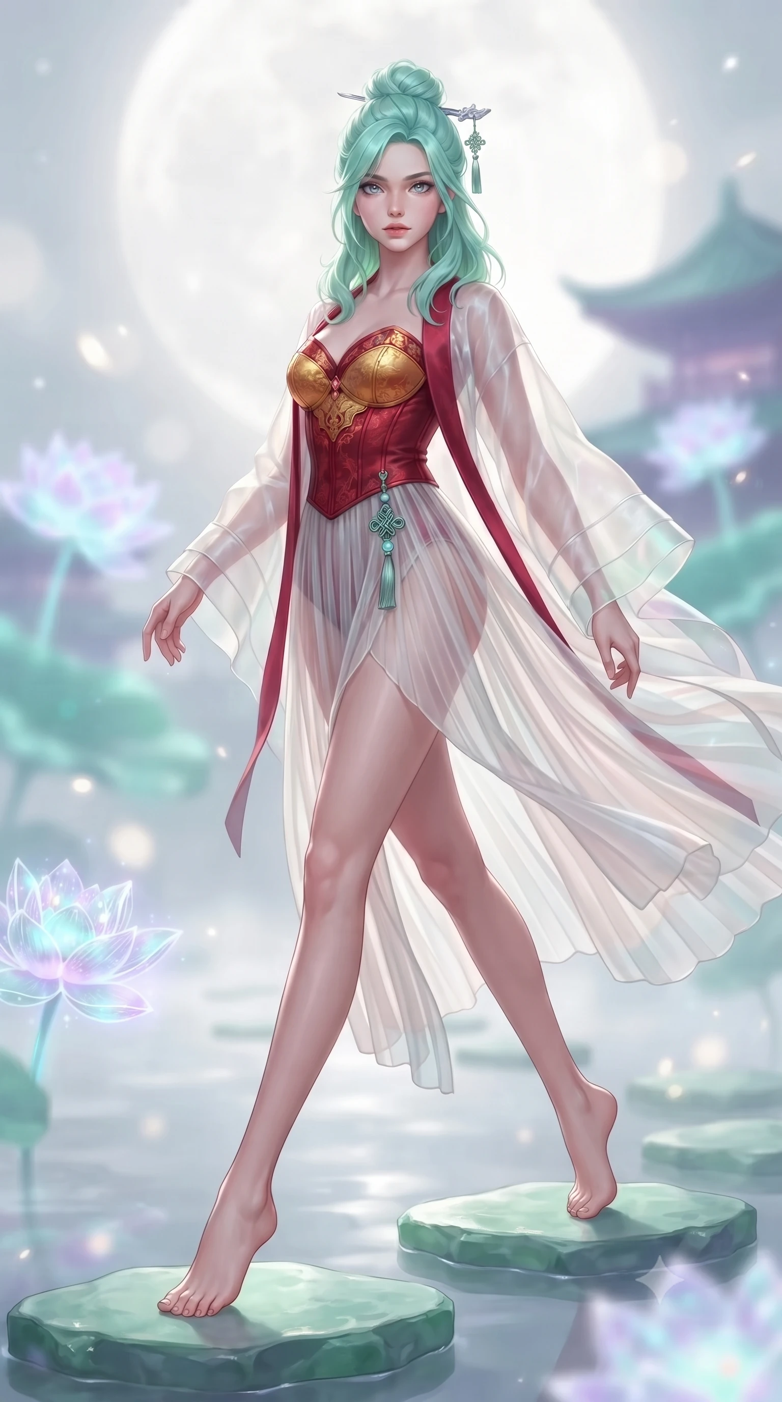 score_9, masterpiece, best quality, ultra-detailed, high-budget anime keyframe, editorial fashion photography, tasteful artistic composition, Japanese woman. low angle full-body shot from head to toe showing her feet, filling the entire 9:16 vertical frame with her statuesque presence, stretching her vertical silhouette. landing lightly on the balls of her feet in a balanced kinetic stance, eyes locked onto the camera with fearless allure while striding across floating jade stepping stones with ethereal, weightless grace and divine celestial poise. The composition keeps background elements in soft focus with creamy bokeh. glowing holographic lotus flowers and distant pagoda rooflines blurred into ethereal jade, violet, and silver-white bokeh. She has an absolutely perfect, statuesque 8.5-heads proportion, an exceptionally tall and slender model-like female figure with impossibly long slender legs, a toned flat midriff, and an ultra-slim waist. sharp v-shaped jawline, high-bridge nose, intricate jewel-like eyes with depth, thick eyelashes, glossy lips with a natural sheen, captivating and magnetic expression, flawlessly proportioned anatomical accuracy, strict slender model proportions, natural body alignment, perfectly sculpted long slender limbs, ultra-slim waistline, clean dynamic posture without body distortion. wearing a sacred shrine maiden couture robe with sheer pleated chiffon skirt and structured scarlet corset top in imperial gold and deep crimson silk, crafted from weightless prism organza that refracts light with every motion, accented with a glowing metallic norigae knot charm and silver hairpin, the breezy yet form-flattering drape swaying gracefully with her steps, accentuating her long willowy limbs and slim waistline. bathed in radiant silver-white full moon backlighting and soft cyan holographic lotus glow. ultra-reflective glossy finish, specular highlights, rich textural contrasts, high-contrast stereoscopic depth, volumetric dynamic lighting, 2k, ultra detail, master piece, 9:16 ratio