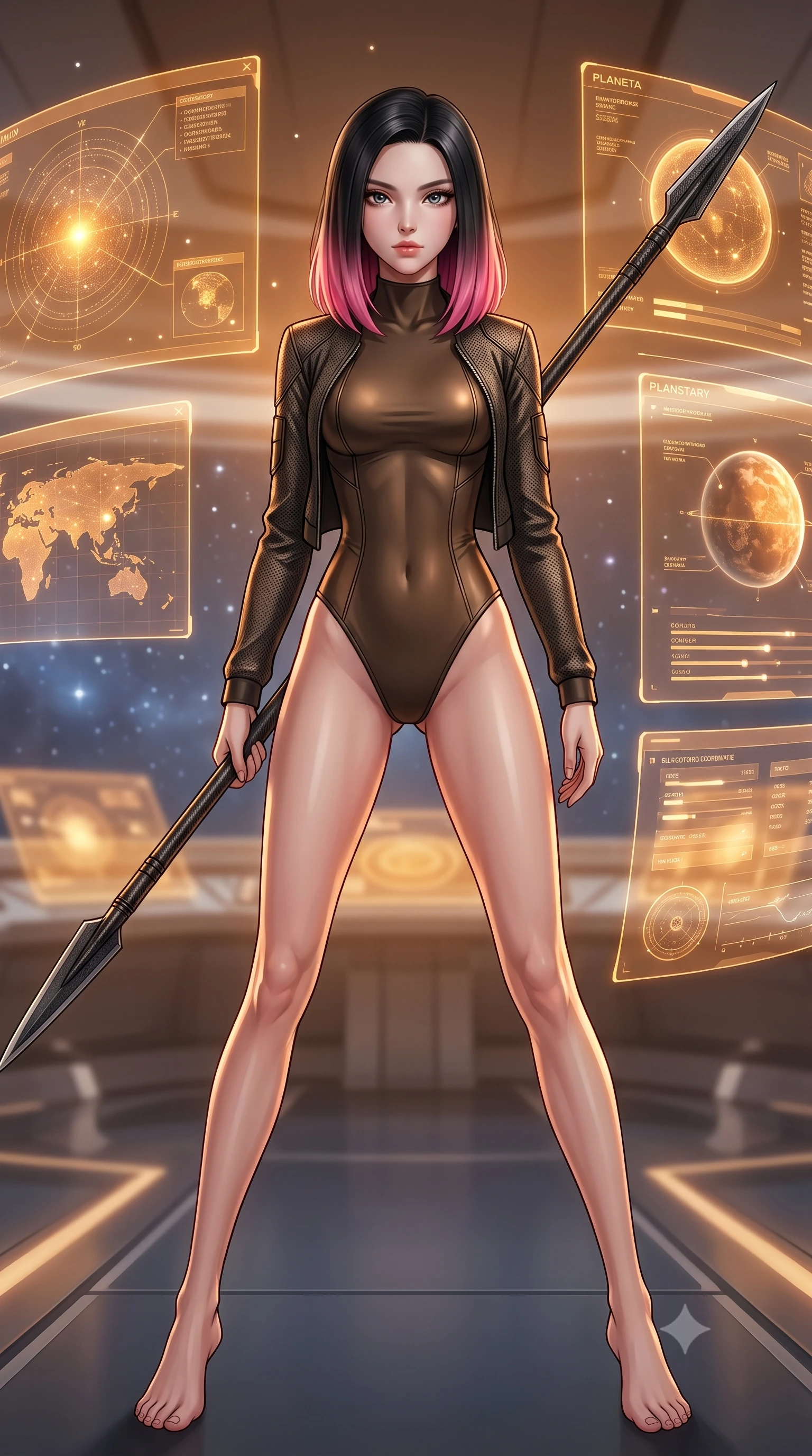 score_9, masterpiece, best quality, ultra-detailed, high-budget anime keyframe, editorial fashion photography, tasteful artistic composition, Korean woman. low angle full-body shot from head to toe showing her feet, filling the entire 9:16 vertical frame with her statuesque presence, stretching her vertical silhouette. standing in a dynamic combat stance with a carbon-fiber spear held diagonally, stretching her statuesque body, the background shows a soft-focus the navigation deck of a singularity ship, surrounded by floating starmaps. She has an absolutely perfect, statuesque 8.5-heads proportion, an exceptionally tall and slender model-like female figure with impossibly long slender legs and an ultra-slim waist. sharp v-shaped jawline, high-bridge nose, intricate jewel-like eyes with depth, thick eyelashes, glossy lips with a natural sheen. wearing a tailored form-fitting high-neck bodysuit in dark bronze, worn under a tailored open carbon-mesh tactical jacket. soft starlight and the warm amber glow of planetary coordinate holograms. highly saturated vibrant anime colors, detailed shading with soft gradients, rich glossy textures, high-contrast stereoscopic depth, volumetric dynamic lighting, master piece, 9:16 ratio