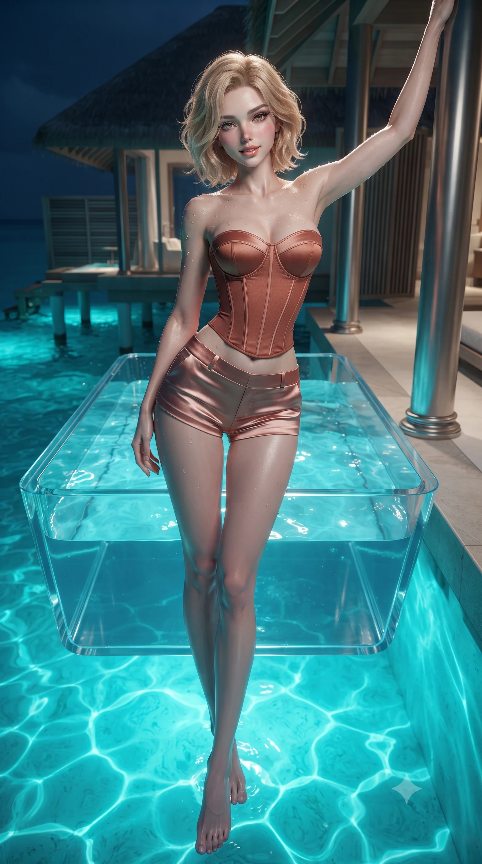 score_9, masterpiece, best quality, ultra-detailed, high-budget anime keyframe, editorial fashion photography, tasteful artistic composition, Caucasian woman. low angle full-body shot from head to toe showing her feet, filling the entire 9:16 vertical frame with her statuesque presence, stretching her vertical silhouette. standing tall beside the architectural column, one hand resting high while arching her lower back to emphasize her sculpted feminine hips and slender waist while sitting poised inside the clear acrylic jacuzzi suspended over the glowing turquoise lagoon, arching her spine with wet-look siren grace as neon-cyan plankton waves wash beneath. The surrounding environment is rendered in vivid detail and crisp panoramic clarity: detailed wet-look liquid vinyl monokini cling, gold waist chain shine, and Maldivian architectural craft in razor-sharp precision. She has an absolutely perfect, statuesque 8.5-heads proportion, an exceptionally tall and slender model-like female figure with impossibly long slender legs, an ultra-slim waist, a flat toned midriff, narrow delicate ribcage, and beautifully sculpted feminine hips creating a graceful, slim hourglass silhouette without any bulky heaviness. sharp v-shaped jawline, high-bridge nose, sparkling eyes with hypnotic seductive depth, thick curled eyelashes, glossy parted lips with a natural dewy peach sheen, alluring bedroom-eyes with an enchanting coquettish smile, exuding magnetic siren charisma and sophisticated glamour, flawlessly proportioned anatomical accuracy, strict slender model proportions, natural body alignment, perfectly sculpted long slender limbs, ultra-slim waistline, clean dynamic posture without body distortion. wearing a strapless boned satin corset bodice paired with low-waisted tailored satin hot-pants in Atlas terracotta and desert rose gold, made of semi-opaque stretch illusion mesh with soft shadowy contours, finished with glistening drops of lagoon or spa water beading across her sculpted shoulders and collarbones, the form-contouring silhouette accentuating her sculpted flat midriff, narrow delicate ribcage, and gracefully curvy hips with intoxicating allure. illuminated by underwater pool reflection bounce and sharp platinum-turquoise rim lights sculpting her razor-sharp jawline, narrow waist, and curvy hips. ultra-reflective glossy finish, specular highlights, rich textural contrasts, high-contrast stereoscopic depth, volumetric dynamic lighting, 2k, ultra detail, master piece, 9:16 ratio