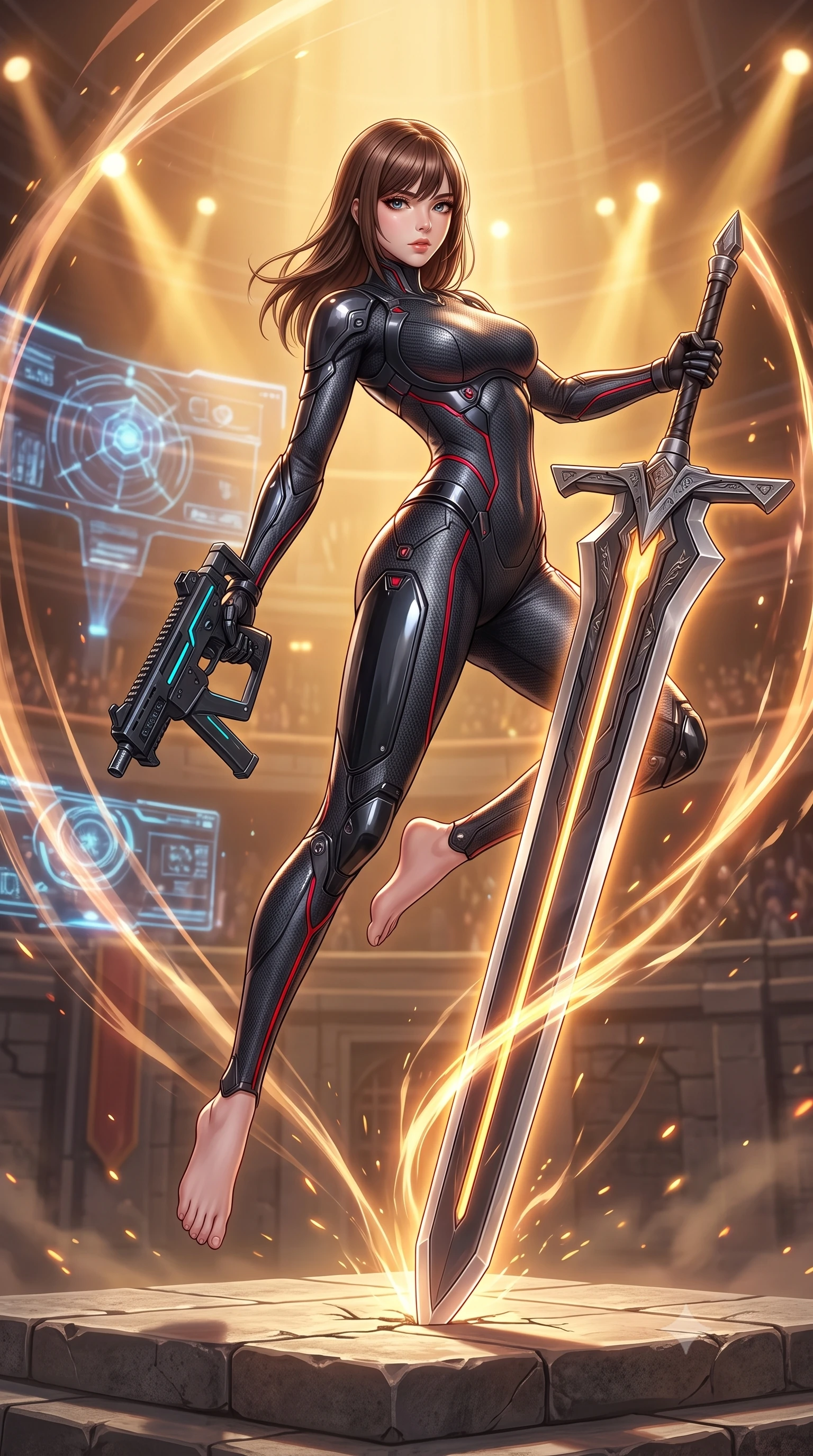 score_9, masterpiece, best quality, ultra-detailed, high-budget anime keyframe, semi-realistic 3D game render, editorial fashion photography, tasteful artistic composition, Korean woman. low angle full-body shot from head to toe showing her feet, filling the entire 9:16 vertical frame with her statuesque presence, stretching her vertical silhouette. arching her back gracefully in mid-air during a dynamic combat vault, her weapon energy trail framing her statuesque presence while pivoting dynamically as she plants the colossal greatsword tip into the ground, leaning on the hilt with sovereign poise. The surrounding environment is rendered in vivid detail and crisp panoramic clarity. sharp titanium crossguard engravings, arena holographic projector nodes, and armor plating seams in high clarity. She has an absolutely perfect, statuesque 8.5-heads proportion, an exceptionally tall and slender model-like female figure with impossibly long slender legs, a toned flat midriff, and an ultra-slim waist. sharp v-shaped jawline, high-bridge nose, intricate jewel-like eyes with depth, thick eyelashes, glossy lips with a natural sheen, flawlessly proportioned anatomical accuracy, strict slender model proportions, natural body alignment, perfectly sculpted long slender limbs, ultra-slim waistline, clean dynamic posture without body distortion. wearing a second-skin dark gunmetal carbon-weave battle-suit with crimson laser conduits, brandishing a sleek high-tech composite submachine weapon with effortless allure in matte obsidian carbon black with electric cyan conduits, formed from high-gloss patent carbon-plating with specular chiaroscuro reflections, finished with high-mobility articulation joints and miniature magnetic armor locks, the liquid-tight tailored fabric emphasizing every curve of her tall, slender model proportions and sculptured silhouette during dynamic movement. bathed in warm golden arena searchlights and glowing greatsword energy channel radiance. rich saturated anime colors with glowing neon highlights, detailed shading with soft gradients, rich glossy textures, high-contrast stereoscopic depth, volumetric dynamic lighting, master piece, 9:16 ratio
